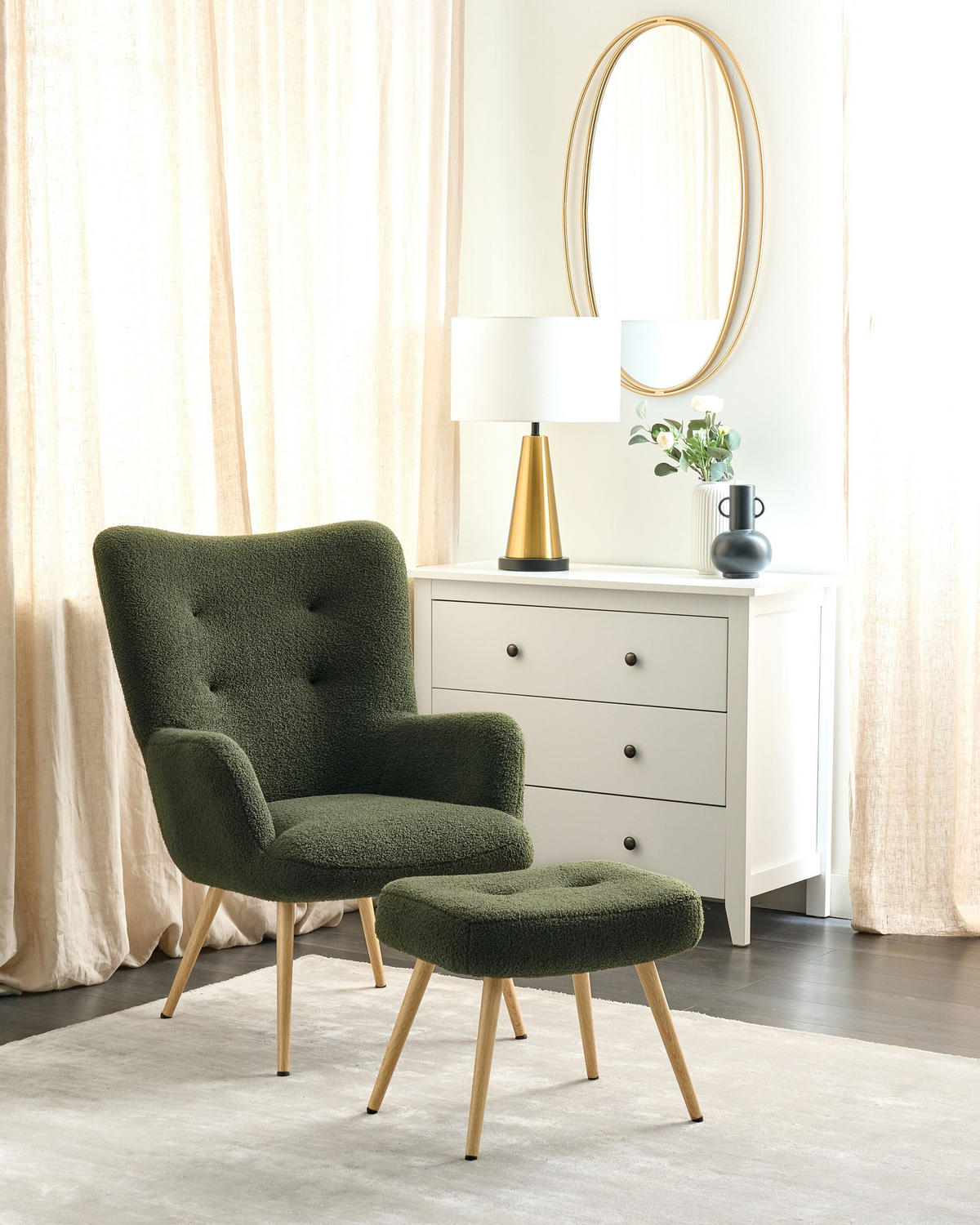 SESSEL Bouclé dunkelgrün mit Hocker Vejle - Hellbraun/Grün, Textil (67/95/52cm) - Beliani