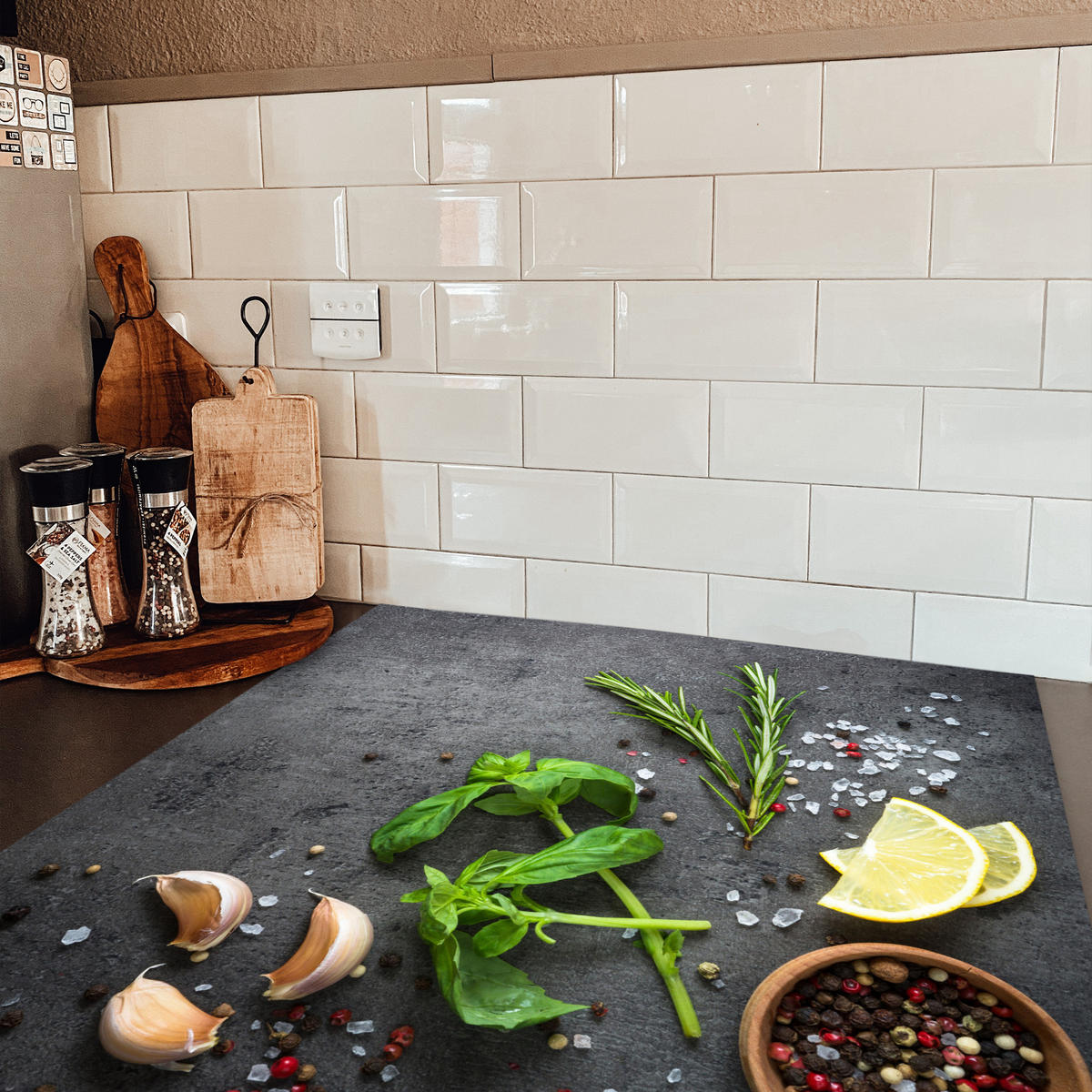 HERDABDECKPLATTE Limette - Kräuter - Gewürze - Grün - Grau - Beton Induktionsmatte 78x78 cm - Grün, Kunststoff (78/78/0.2cm) - MuchoWow