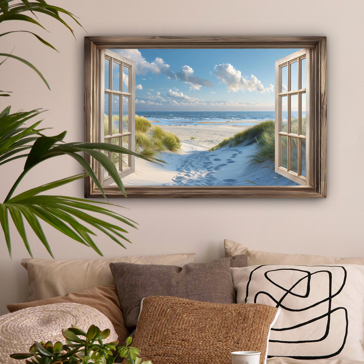 LEINWANDBILD Aussicht - Strand - Fenster - Dünen - Meer Gemälde 60x40 cm - Hellblau, Textil (60/40cm) - MuchoWow
