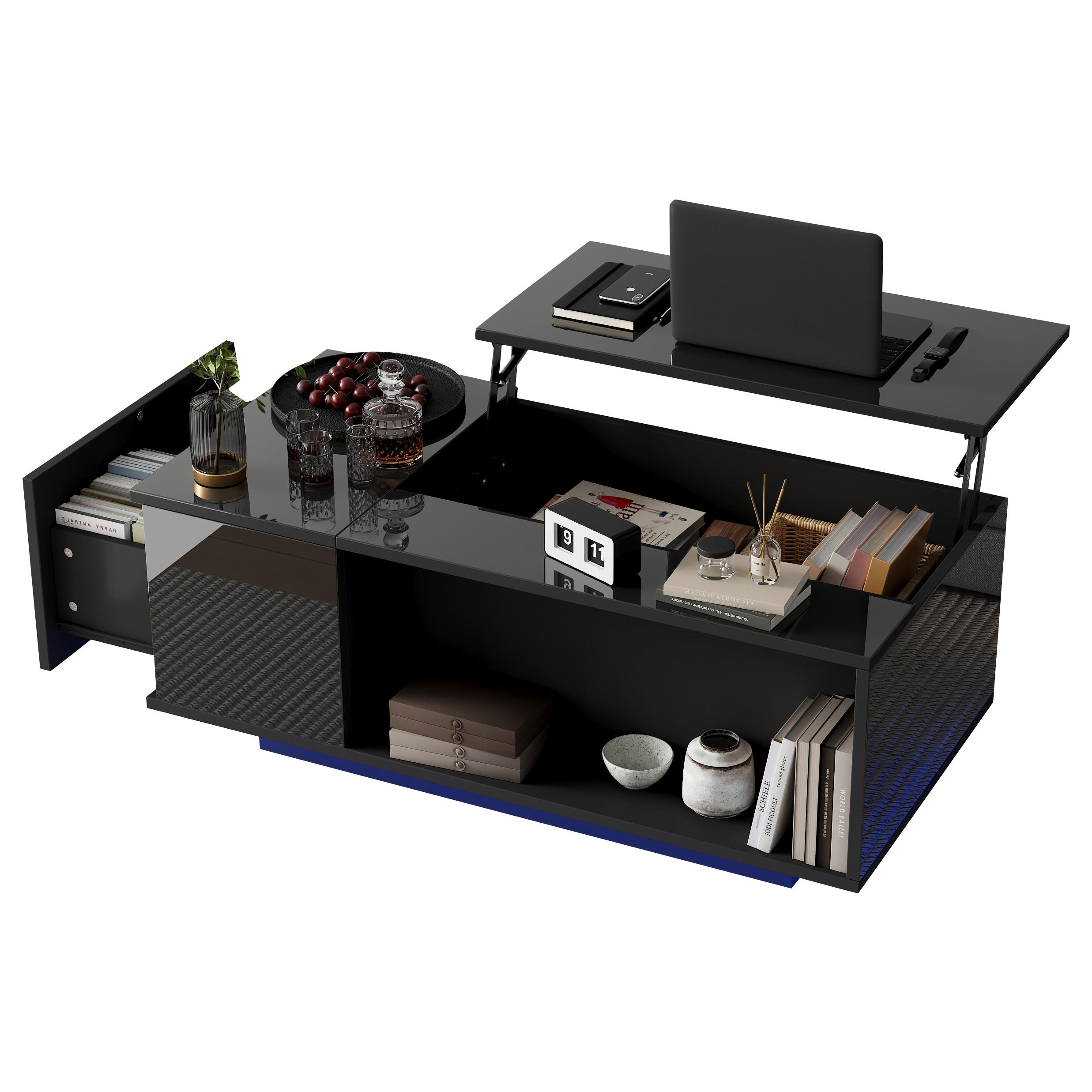 COUCHTISCH 100/50/40 cm höhenverstellbar mit verstecktem Stauraum und LED-Licht - Schwarz, Holzwerkstoff (100/50/40cm) - OKWISH