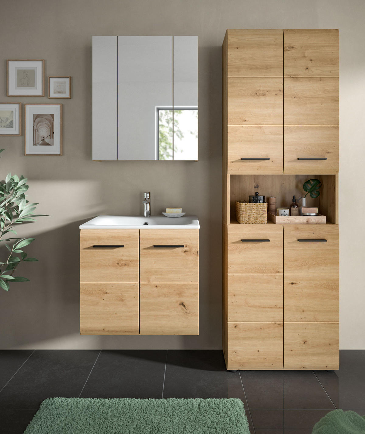 BADMÖBEL-SET Eiche Artisan 3-teilig, Badkombination 135 cm inklusive Waschbecken, Cover - Schwarz/Eiche Artisan, Glas/Keramik (135/185/46cm) - Inn.Furn