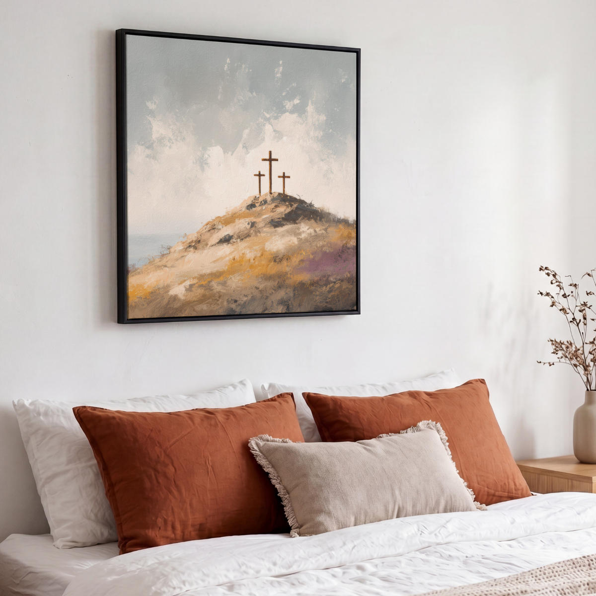 LEINWAND Bilder mit Rahmen - Hügel - Abstrakt - Christentum - Kreuz - 50x50 - Hellgrau, Textil (50/50cm) - MuchoWow