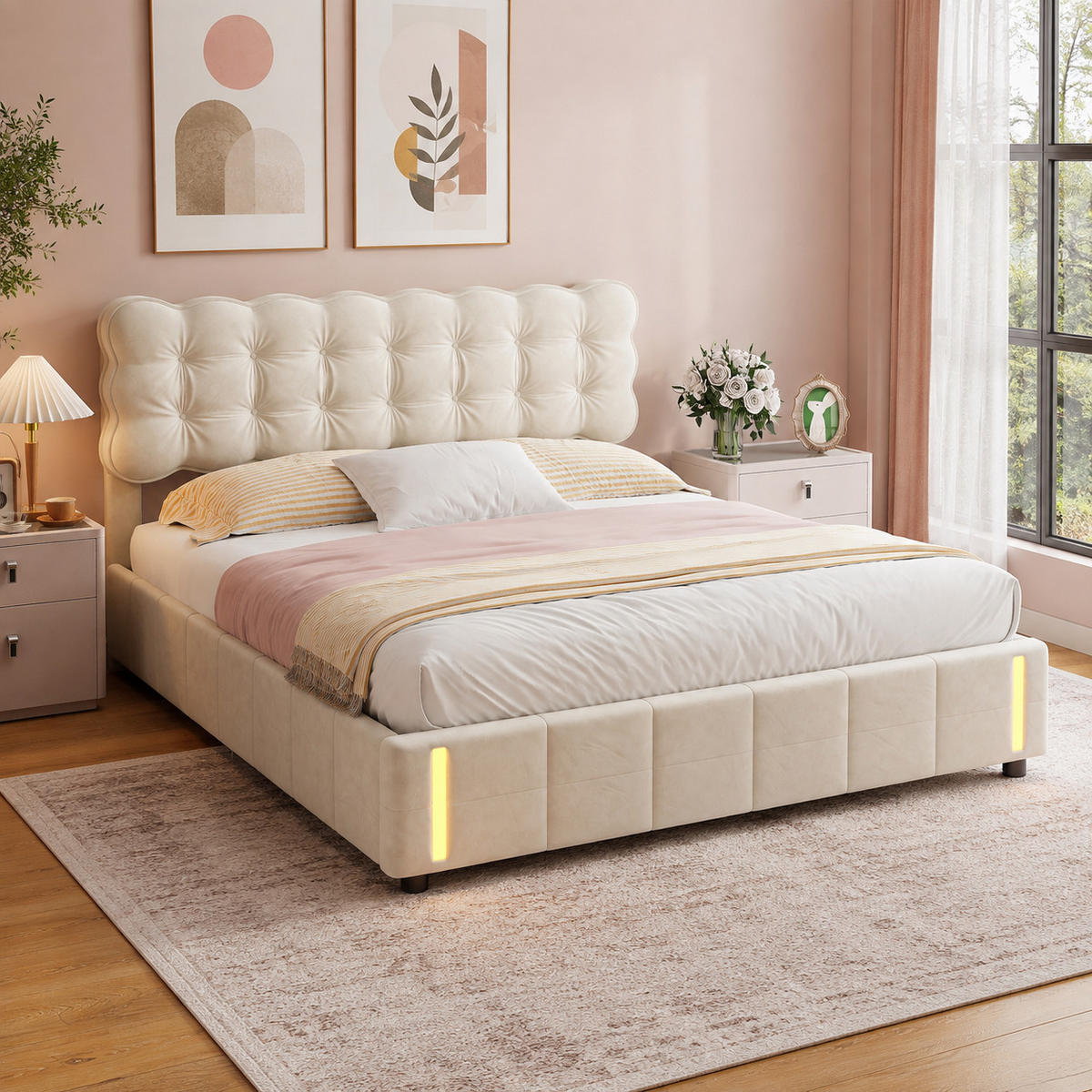 POLSTERBETT 140/190 cm Beige Samt mit LED & Gestepptem Kopfteil - Beige, Holz/Metall (140/190cm) - Joyfair
