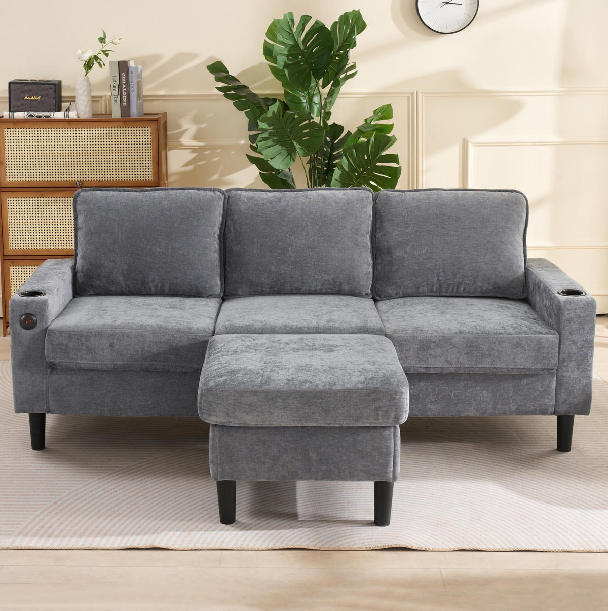 ECKSOFA L-Form Leinen mit USB-Anschluss und Typ-C Getränkehalter 202/137/80 cm Grau - Grau, Textil (137/202cm) - Redom