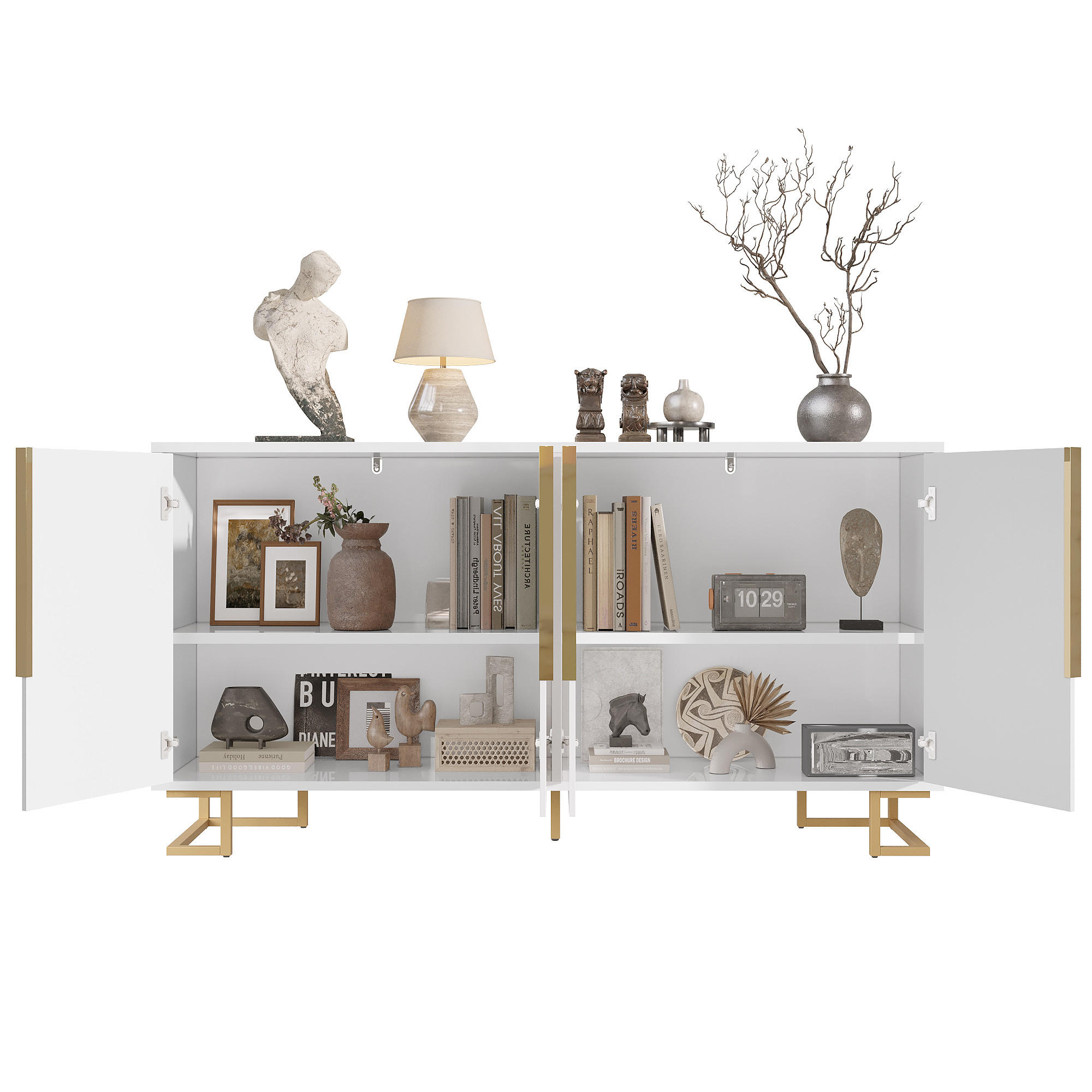 SIDEBOARD 152/40/75 cm in Weiß mit 2 Türen & goldfarbenen Metallakzenten - Weiß, Holzwerkstoff (152/75/40cm) - BEAOK