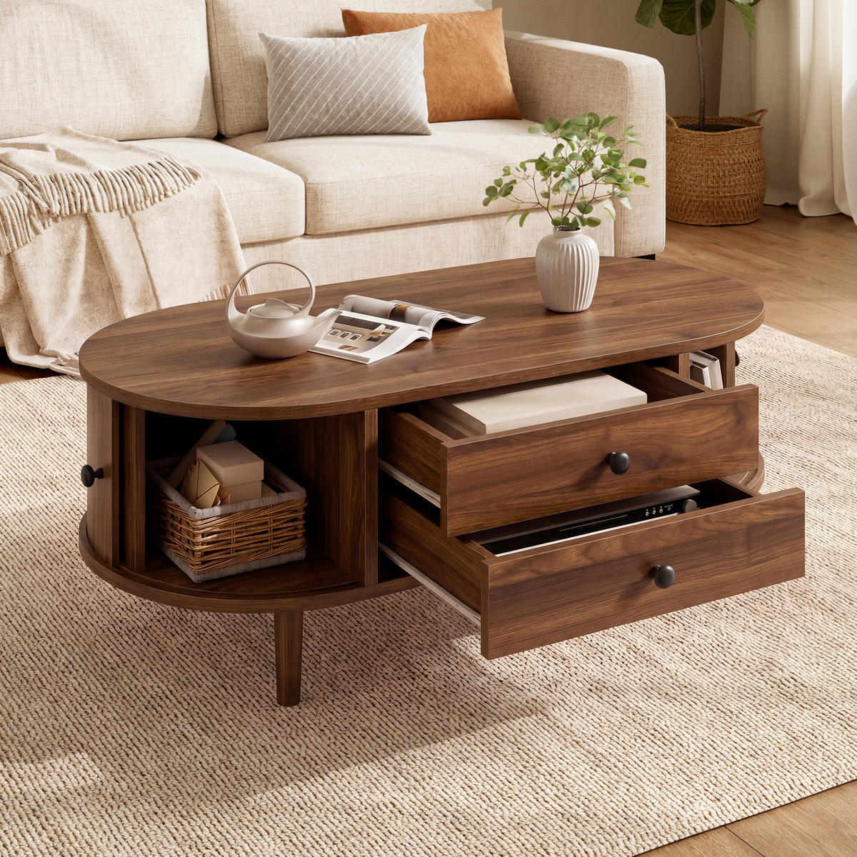 COUCHTISCH in Holzoptik Ovaler Wohnzimmertisch mit Schiebetüren und 2 Schubladen, 100 B / 50 T / 40 H(cm) - Dunkelbraun, Holzwerkstoff (50/100/40cm) - STILVORA
