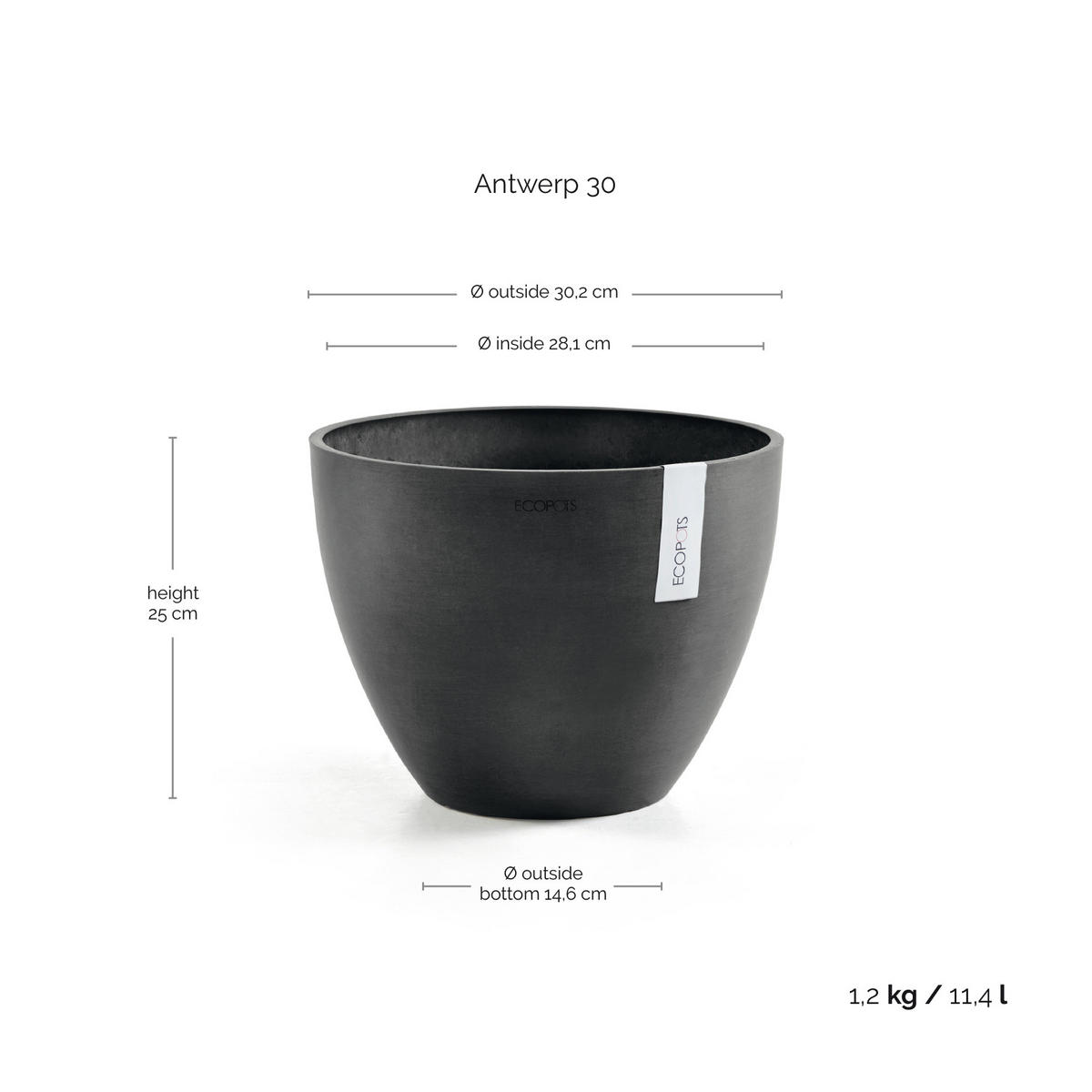 BLUMENTOPF Antwerp 30,2/25 cm Dunkelgrau - Dunkelgrau, Kunststoff (30.2/25cm) - Ecopots