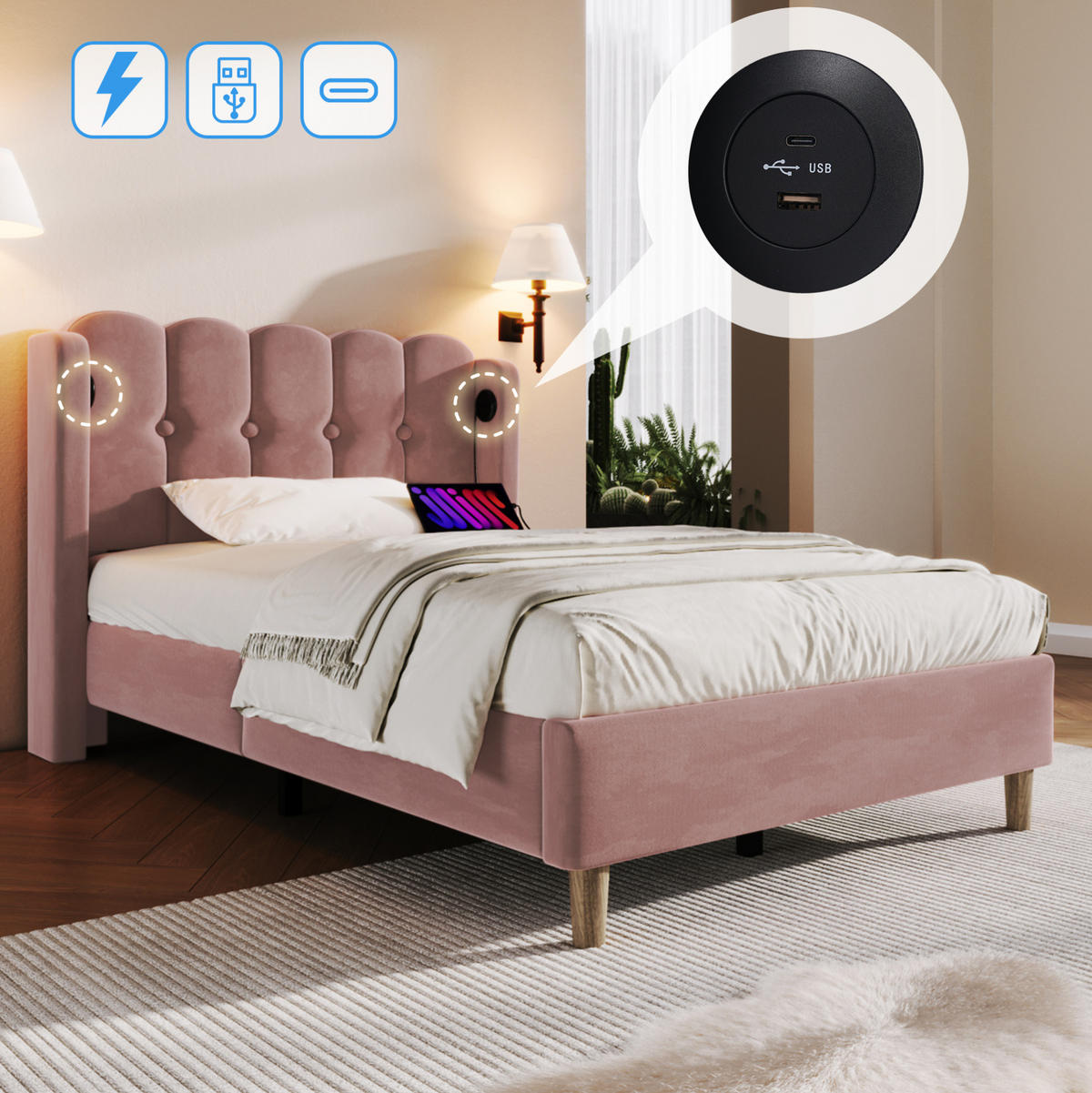 POLSTERBETT 90/200 cm mit USB- und Typ-C-Anschluss, Lattenrost und Matratze, Samtbezug mit Paneel-Kopfteil, Rosa - Rosa, Textil (90/200cm) - Redom