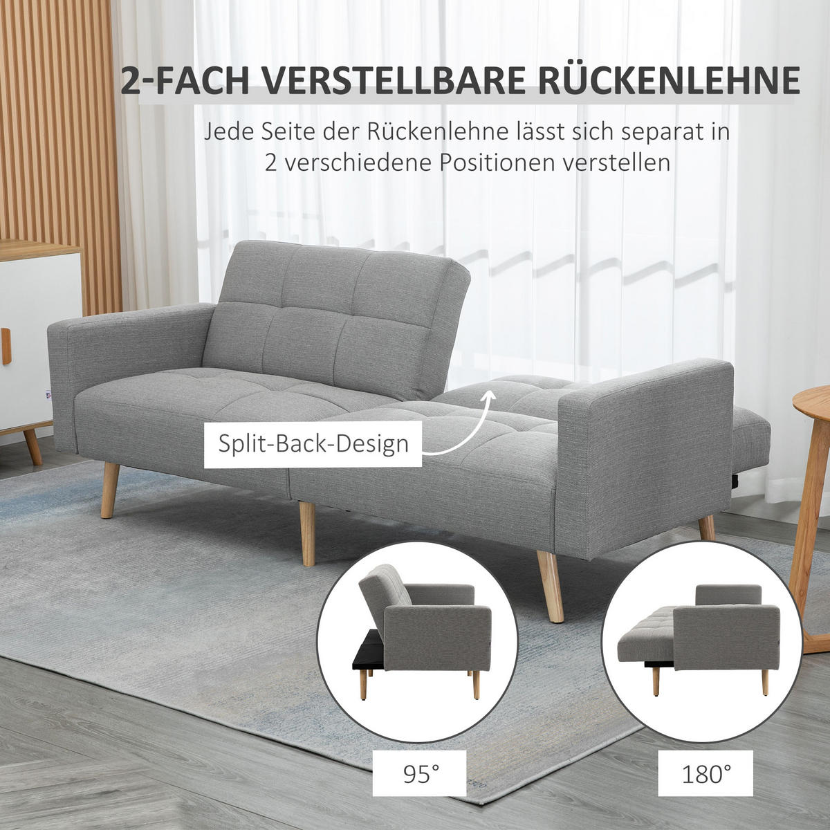 SCHLAFSOFA mit Bettfunktion Grau 205/88/80 cm - Naturfarben/Grau, Holz/Textil (88/80/205cm) - HOMCOM