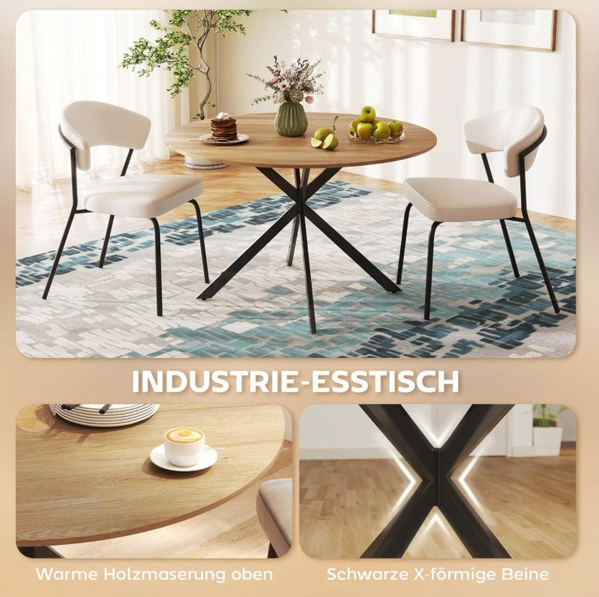 ESSTISCH Ø120 cm aus Holz mit X-förmigen Stahlbeinen im Industriestil, Eichefarben - Eichefarben, Holz (120/120/75cm) - Redom