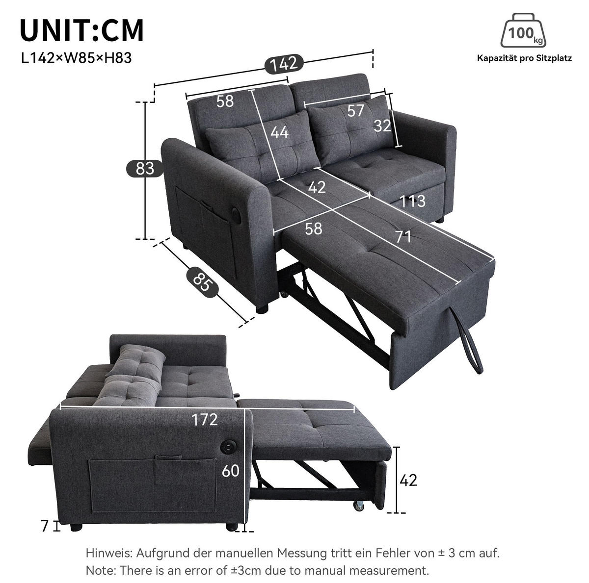 SCHLAFSOFA aus Baumwoll-Leinen 142x85x83 cm Grau mit USB-Anschlüssen, Seitentaschen und verstellbarer Rückenlehne - Grau, Textil (142/83/85cm) - Modfu
