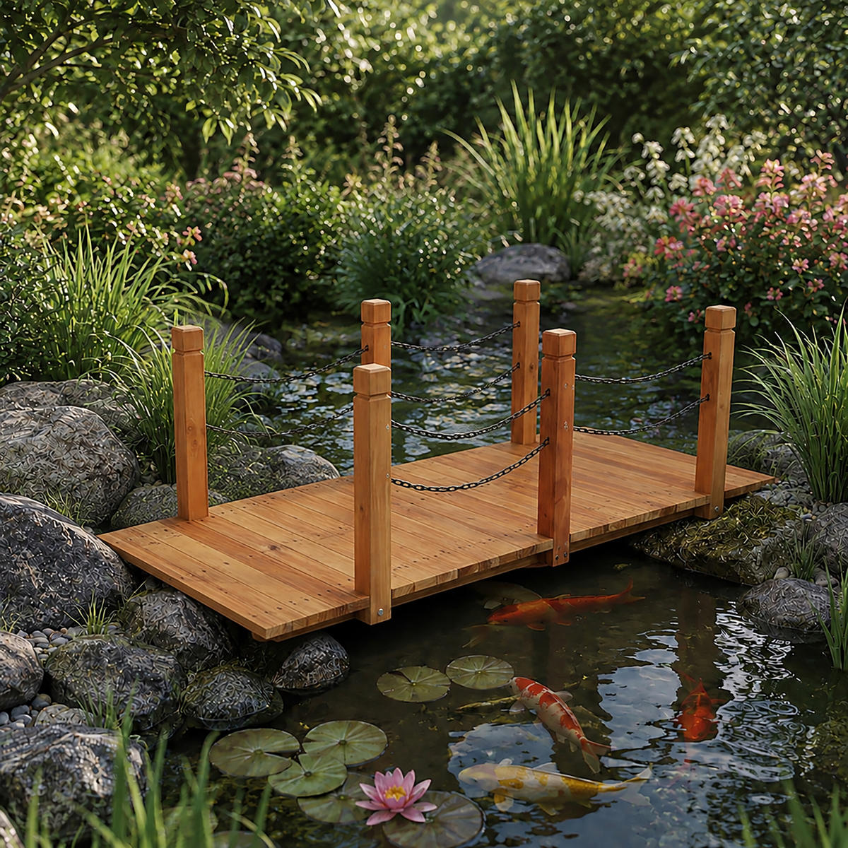 GARTENBRÜCKE Orange Tannenholz Eisen mit Ketten - Orange, Holz/Metall (67/150/55cm) - Relaxdays