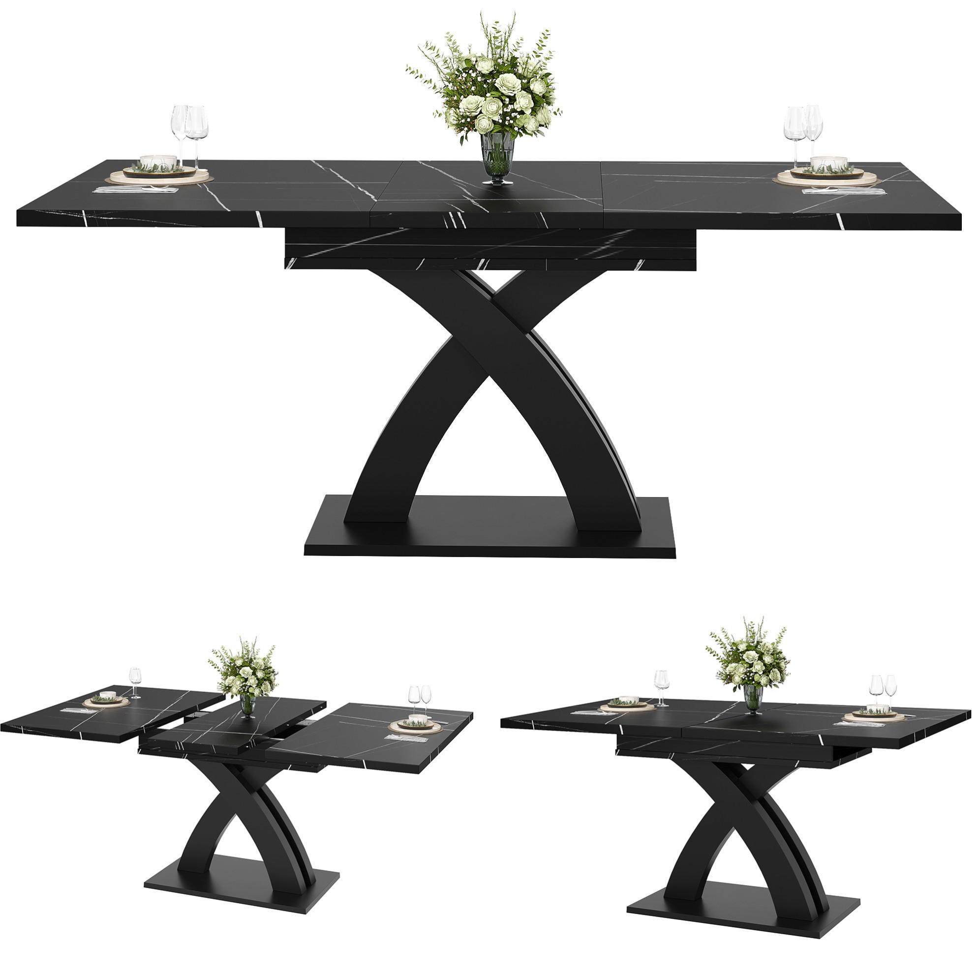 ESSTISCH 120(160)/80/76 cm ausziehbar mit versteckter Einlegeplatte und X-Gestell, Schwarz - Schwarz, Holzwerkstoff (120/80/75cm) - Redom