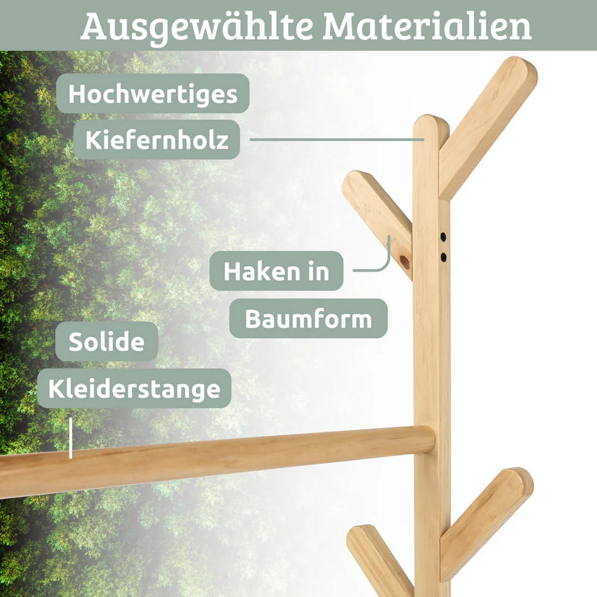 GARDEROBE mit Rollen SEMU Massivholz 6 Haken - Braun, Holz (100/155/35cm) - DELUKE