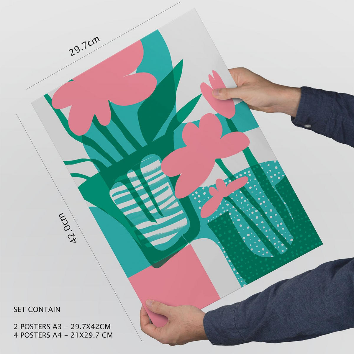 POSTER Set Mit 6 Pinkes Grün In Blume Zusammenfassung Ästhetische Dekorative Gemälde Für Ihr Wohnzimmer, Schlafzimmer, Zuhause A3 & A4 Rahmenlos - Klar, Papier (29/3cm) - Nacnic