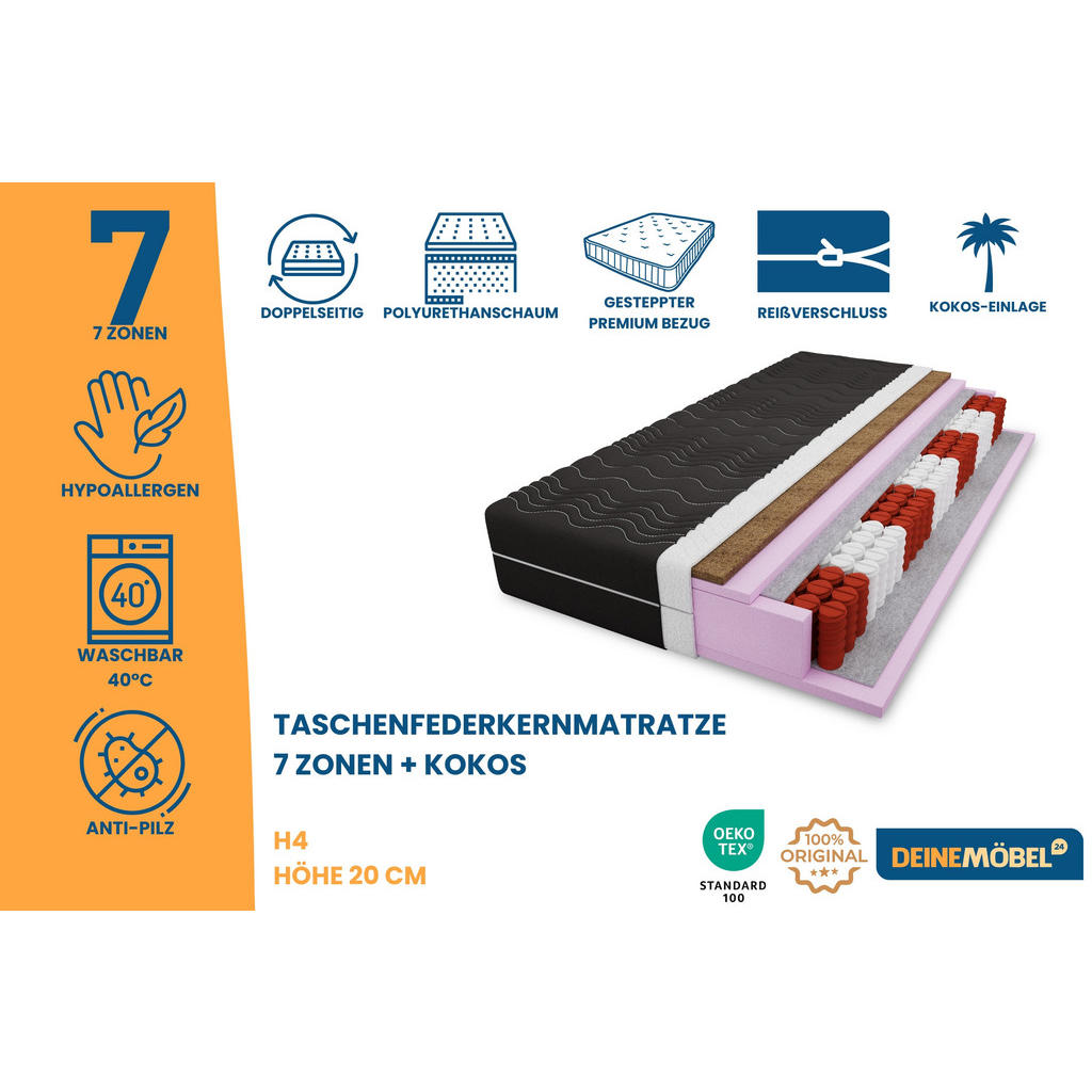 Thumbnail - Deine Möbel 24 Taschenfederkernmatratze, Schwarz, Textil, H4, 200x200 cm, atmungsaktiv, antibakteriell, Schlafzimmer, Ma...