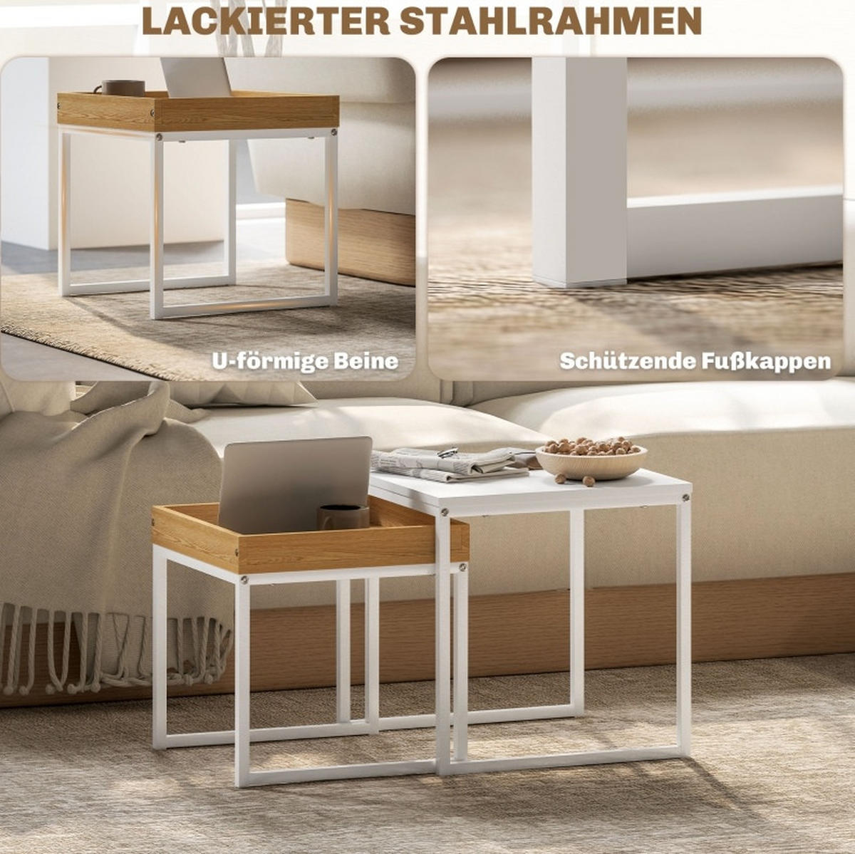 COUCHTISCH-SET 45/45/45 cm & 40/40/40 cm ineinanderschiebbar mit abnehmbarem Tablett und Stahlgestell, Weiß - Weiß, Metall (45/45/45cm) - Redom