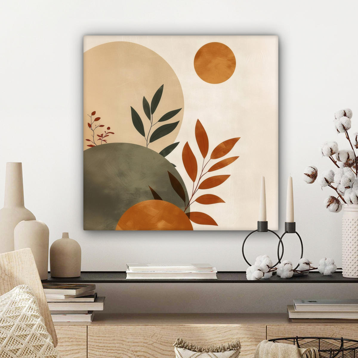 LEINWANDBILD Formen - Rund - Blätter - Beige 50x50 cm - Rostfarben, Textil (50/50cm) - MuchoWow