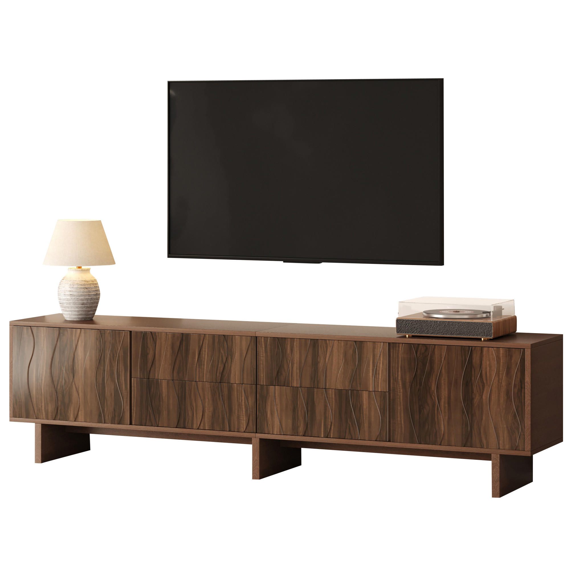 TV ormarić od iverice 180x40x56 cm tamni orah s 4 ladice, 2 vrata i valovitim dizajnom - smeđa, drvni materijal (180/56/40cm) - Modfu