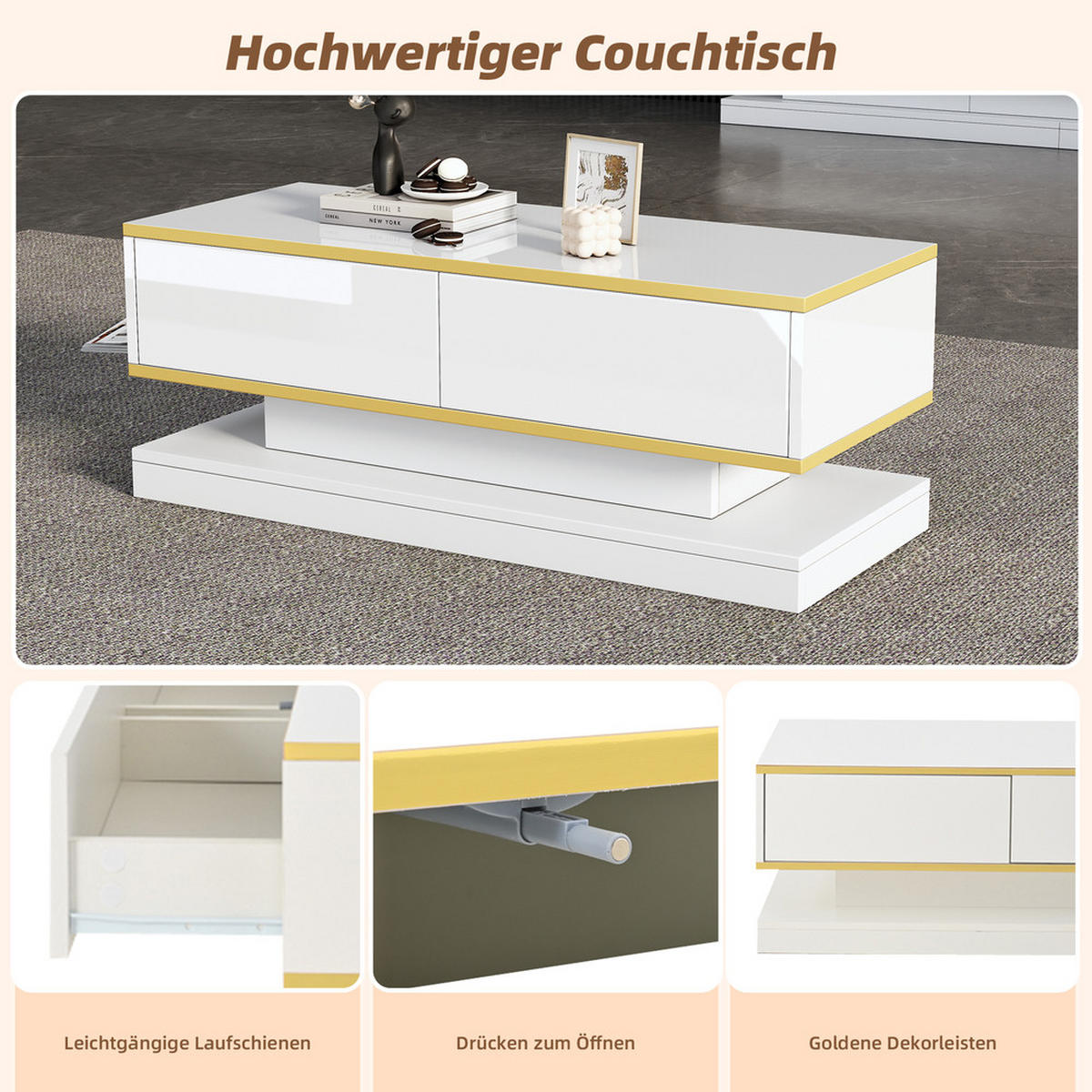 COUCHTISCH 100x50cm Hochglanz 2 Schubladen Warmweiß Gold Rand Einzigartig - Weiß, Holz (112.5/59.18/14.2cm) - FLIEKS