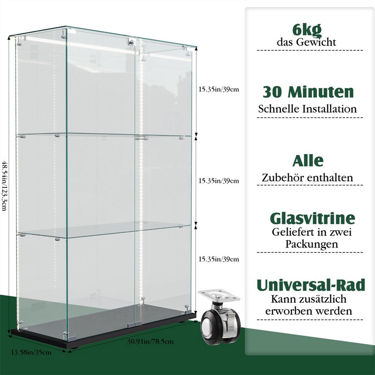 VITRINE - Glasvitrine mit 2 Türen und 3 Ebenen - integrierte LED-Streifen-Beleuchtung - Schwarzer Holzboden - Schwarz, Glas (78.5/123.3/35cm) - DELFA