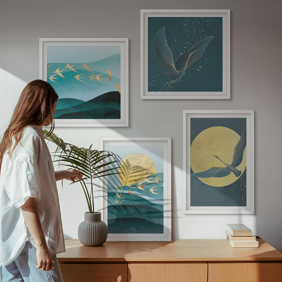 WANDBILDER 4er-Set - 50x50 cm & 40x60 cm Weißer Rahmen - Stilvolle Landschaften mit Vögeln - Weiß, Kunststoff (50/50cm) - ArtPrintCave