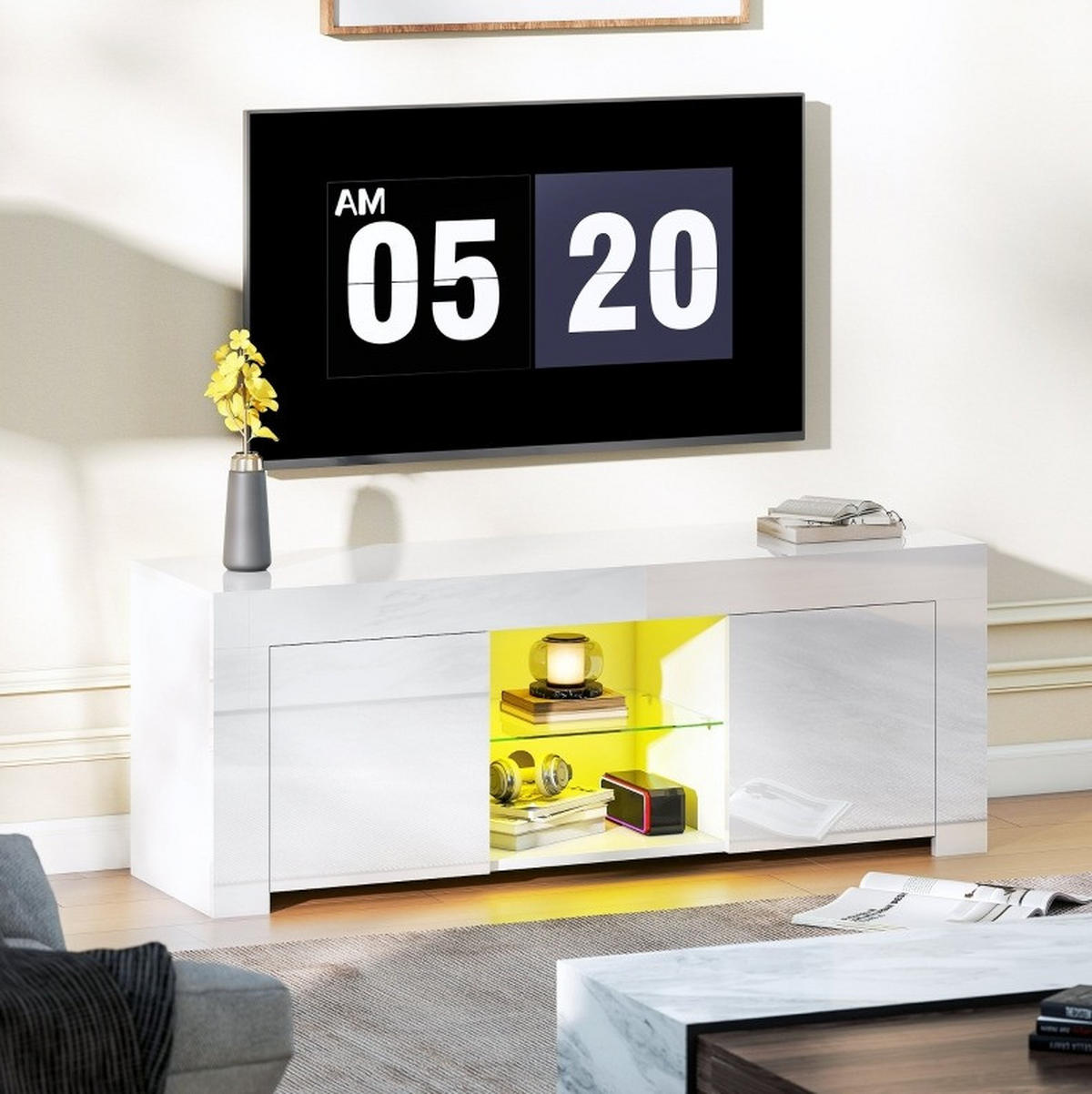 TV-LOWBOARD 34/120/45 cm mit RGB-LED-Beleuchtung, viel Stauraum und Kabeldurchführungen, Weiß - Weiß, Glas (120/45/34cm) - Redom