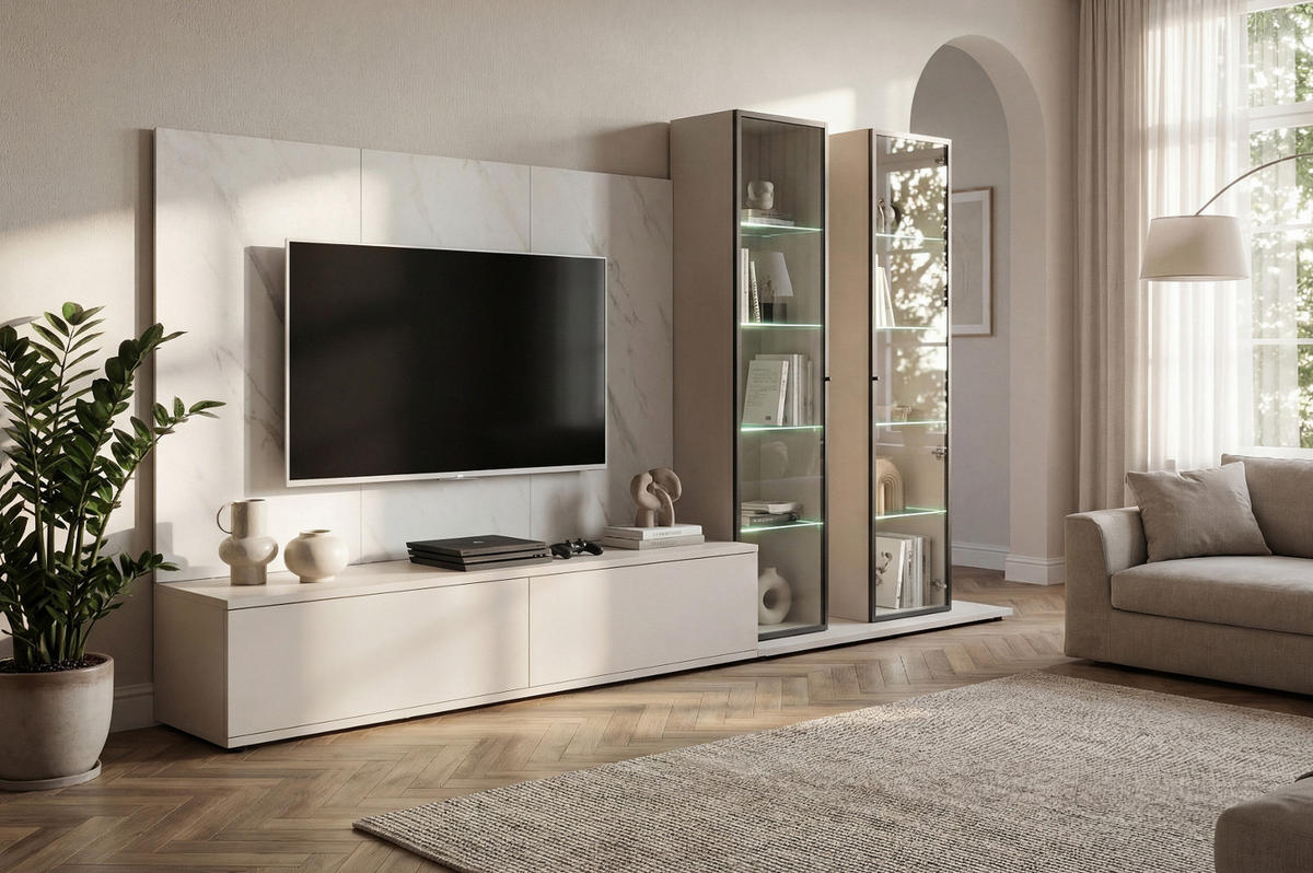WOHNWAND kaschmir, Marmor weiß 300 cm, Anbauwand mit Wandpaneel, Beleuchtung, Push-to-Open - Kaschmir/Schwarz, Glas/Holzwerkstoff (300/175/45cm) - Inn.Furn