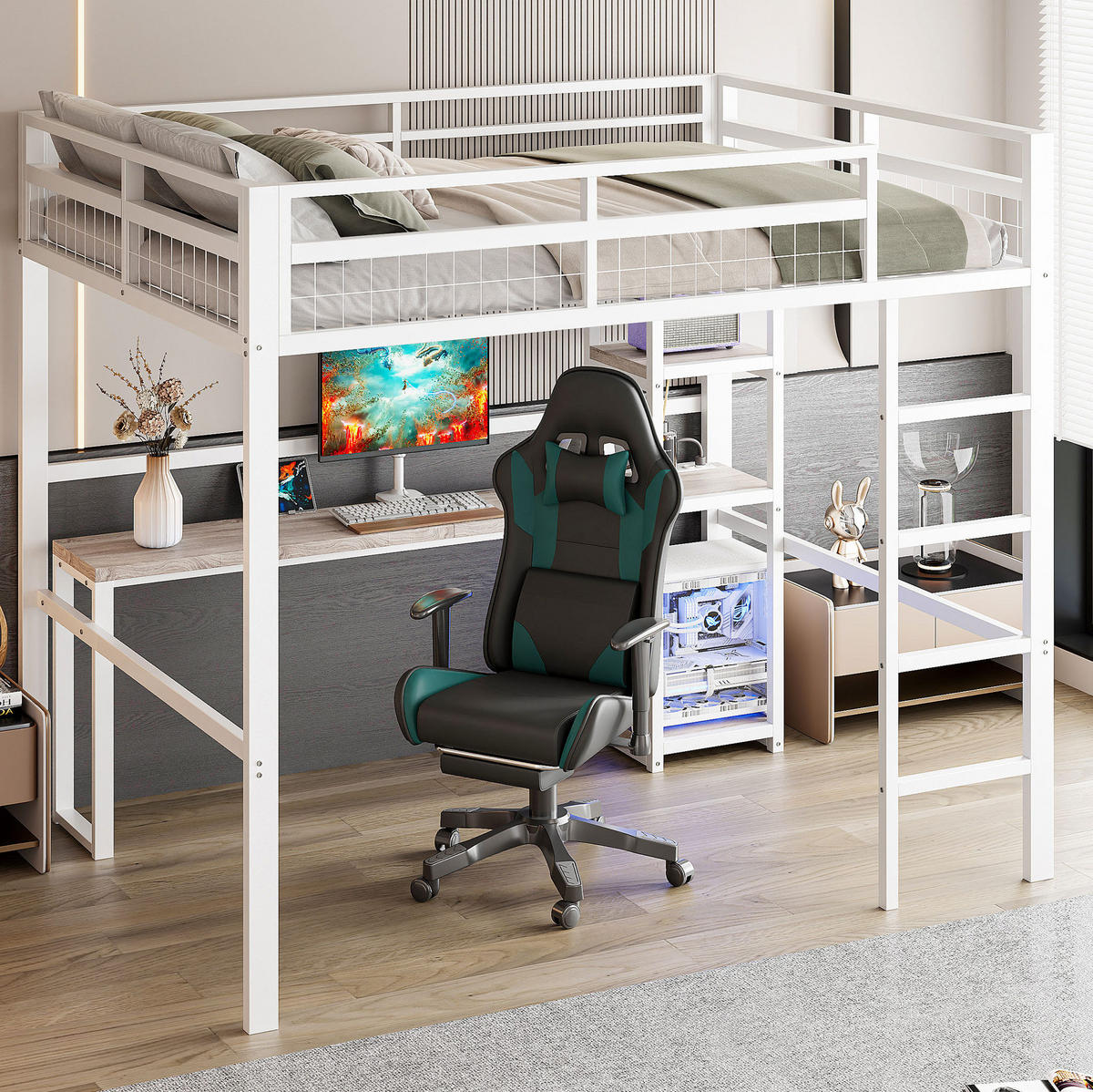 HOCHBETT 140/200 cm in Weiß – mit Schreibtisch, Regalen und Leiter - Weiß, Metall (140/200cm) - BEAOK