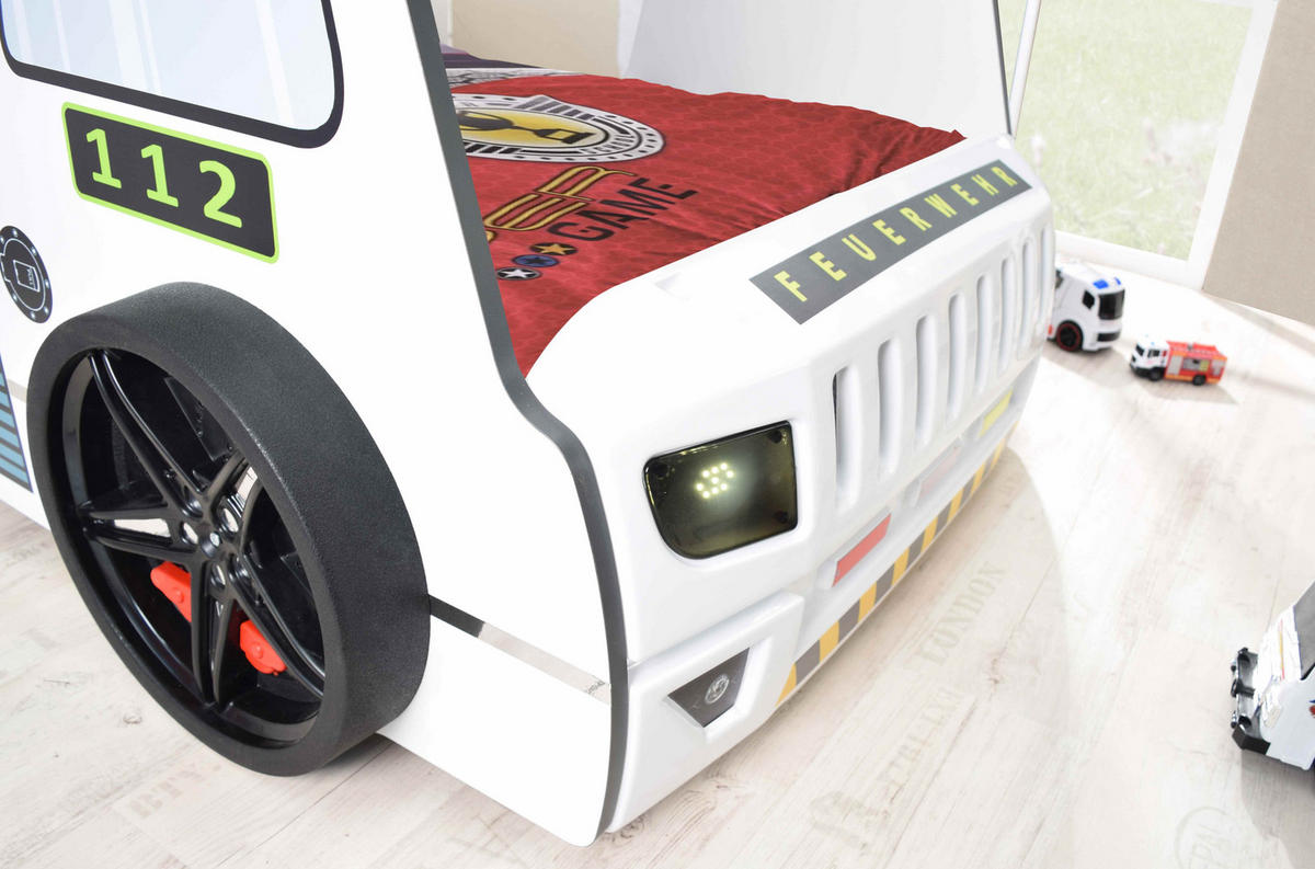 AUTOBETT Firetruck für Kinder 90x200 mit LED Leuchte und Lattenrost - Weiß, Holzwerkstoff (90/200cm) - Aileenstore
