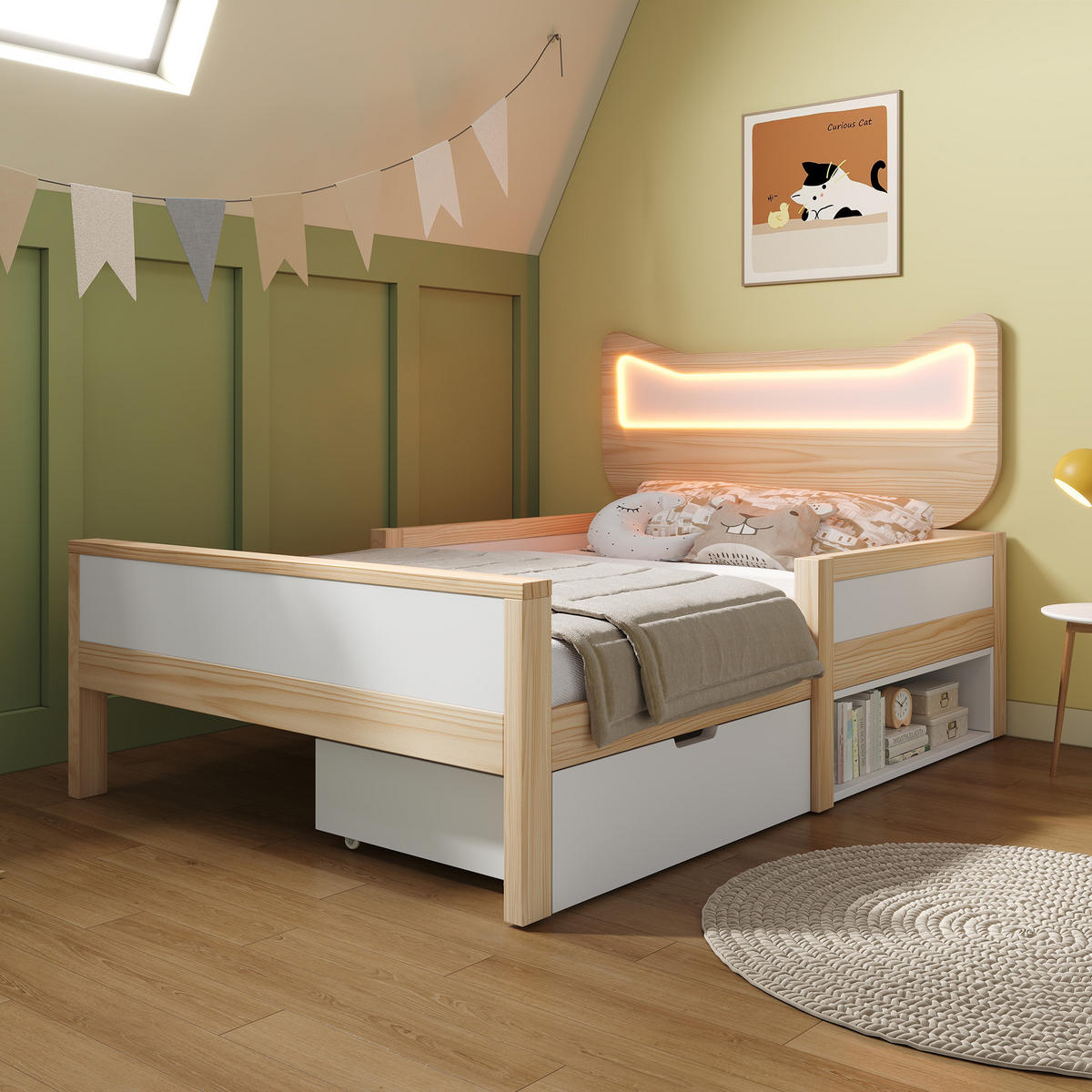 KINDERBETT mit LED 90x190 cm Massivholz Weiß/Eiche mit Schublade - Weiß, Holz (90/190cm) - Meubliv