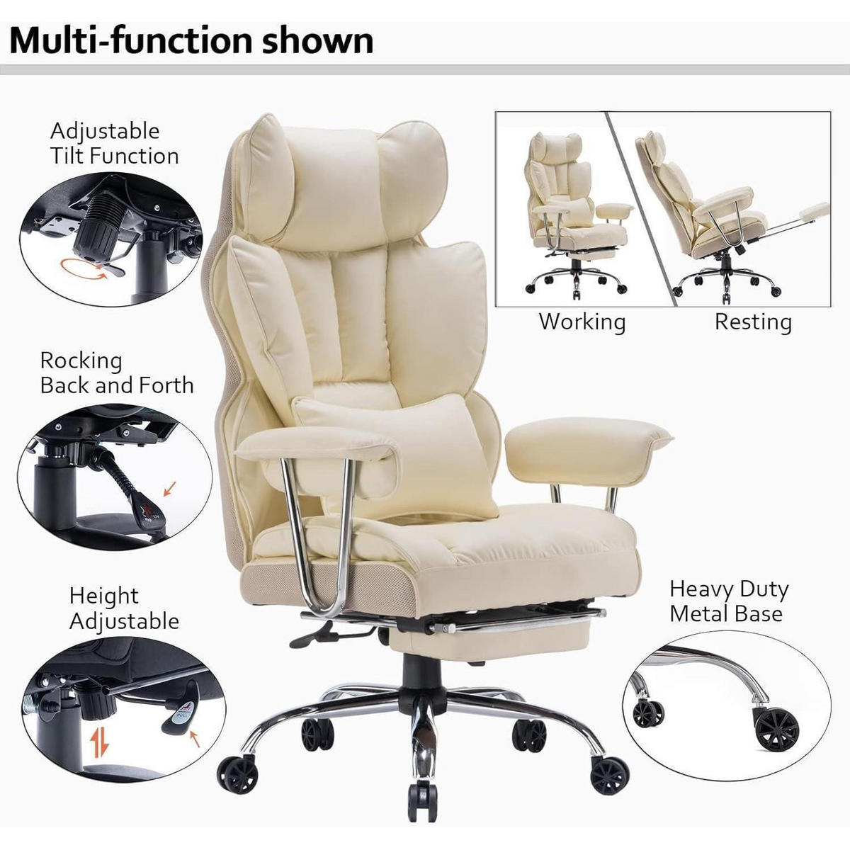 BÜROSTUHL mit Fußstütze und Lendenwirbelstütze Beige - Creme, Kunststoff (60/127/52cm)