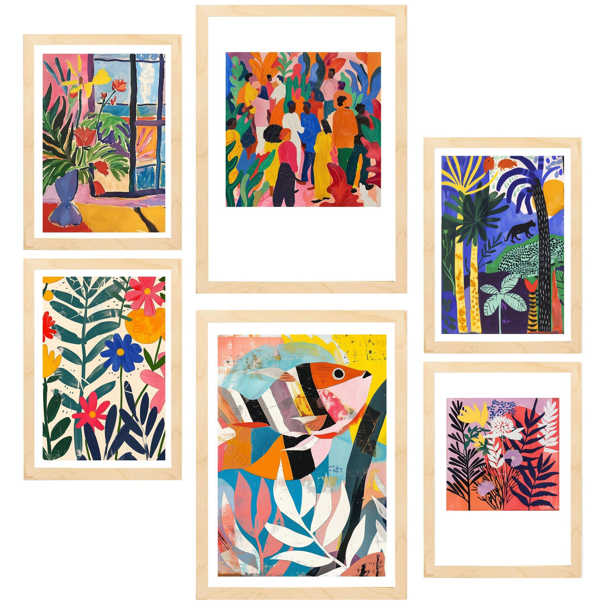 POSTER Set Mit 6 Gelbe & Rote Töne Von Matisse Kräftige Farben A3 & A4 Rahmen Aus Hellem Holz - Beige, Papier (29/3cm) - Nacnic