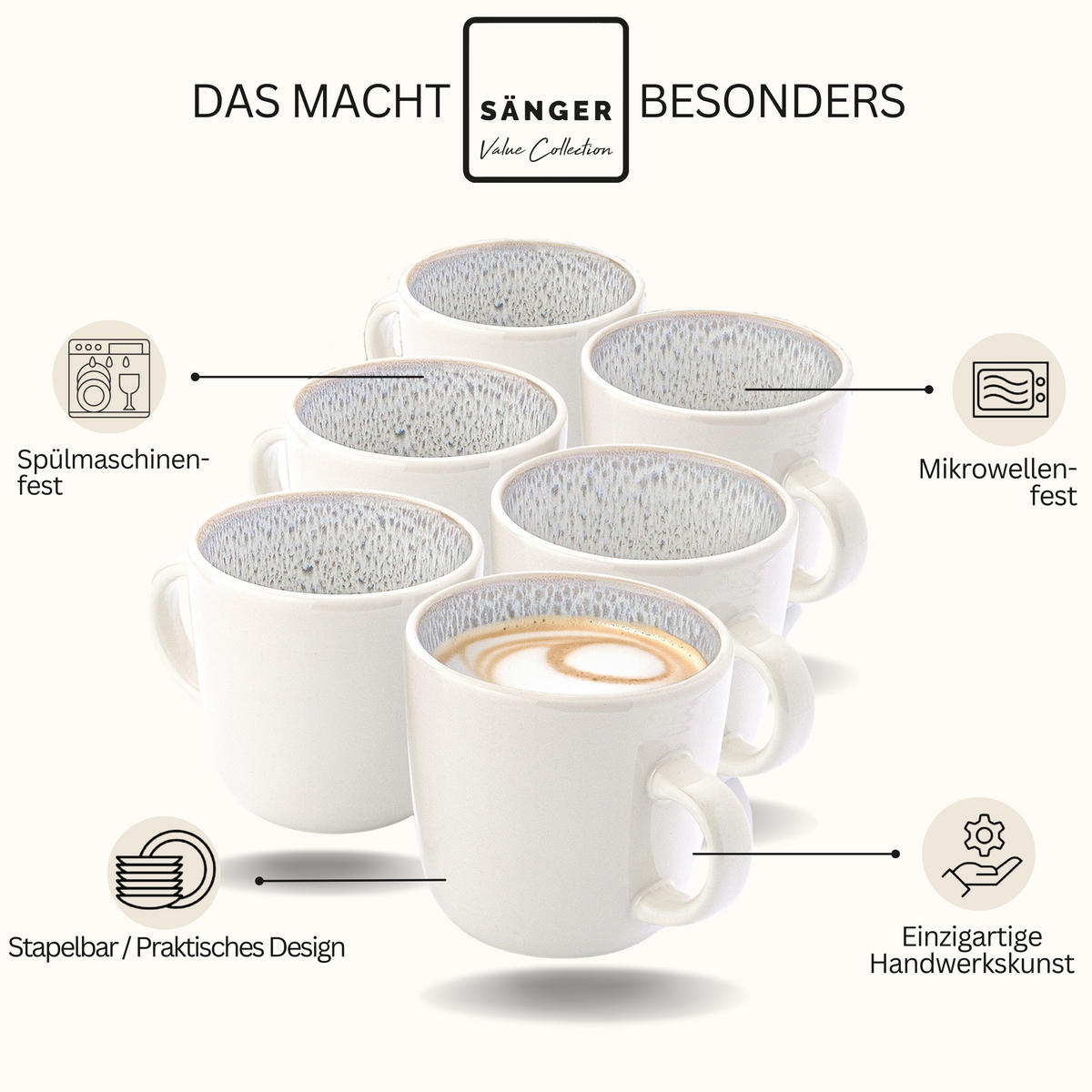 KAFFEEBECHER SET KRETA - 6 teilig aus Steingut - Creme, Stein (0.35L) - Sänger