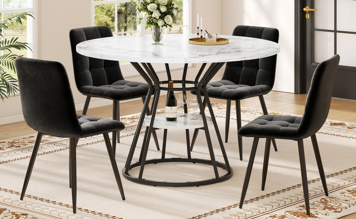 ESSTISCH 100x100x76 cm in Schwarz aus MDF mit Marmoroptik und Metallgestell mit Ablage - Schwarz, Holzwerkstoff (100/100/76cm) - Modfu