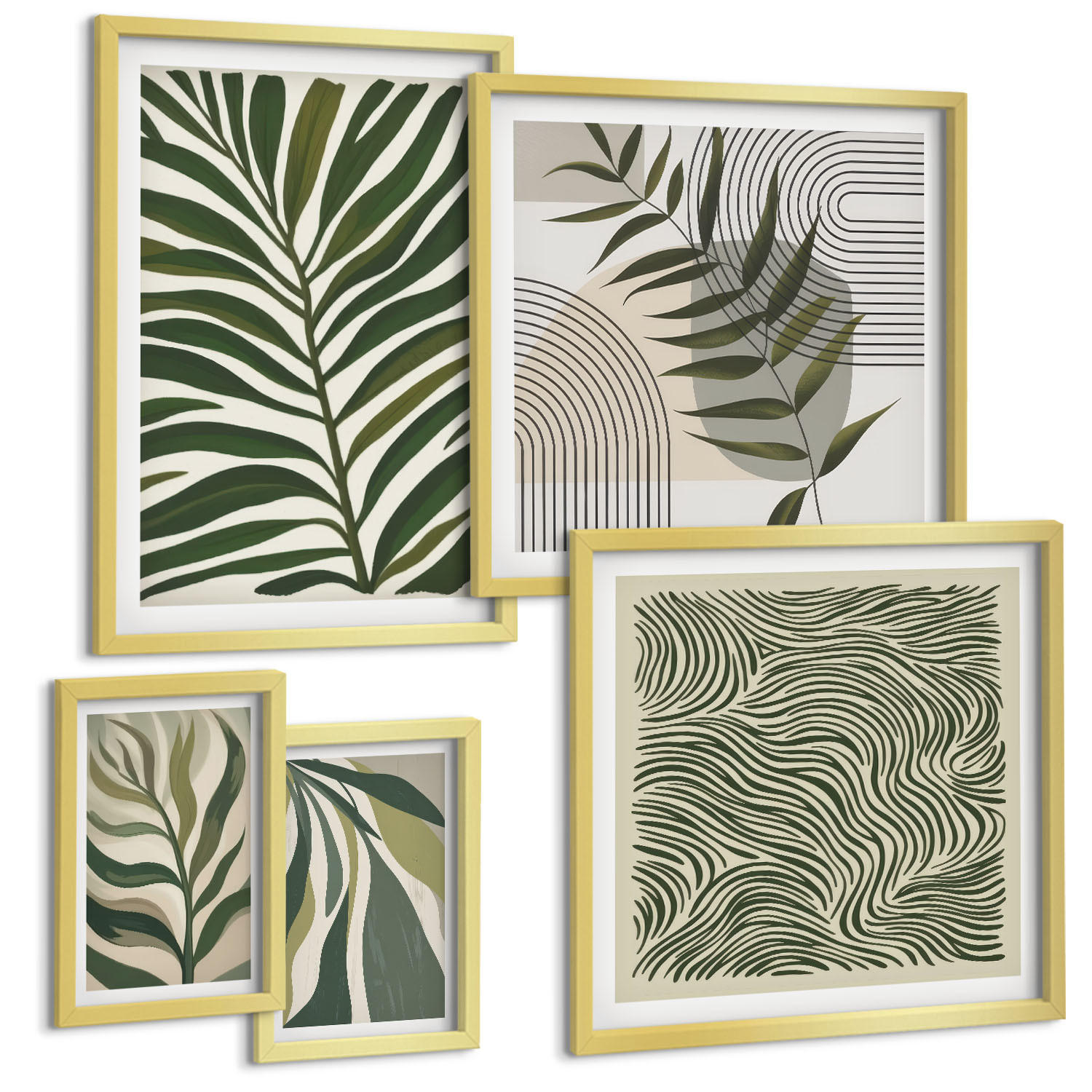 BILDER SET 5er Set - 50x50 cm & 20x30 cm & 40x60 cm Goldrahmen - Blätter, Wellen – Pastellillustrationen - Goldfarben, Kunststoff (40/60cm) - TULUP