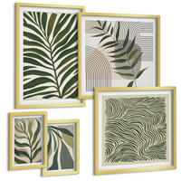 BILDER SET 5er Set - 50x50 cm & 20x30 cm & 40x60 cm Goldrahmen - Blätter, Wellen – Pastellillustrationen - Goldfarben, Kunststoff (40/60cm) - TULUP