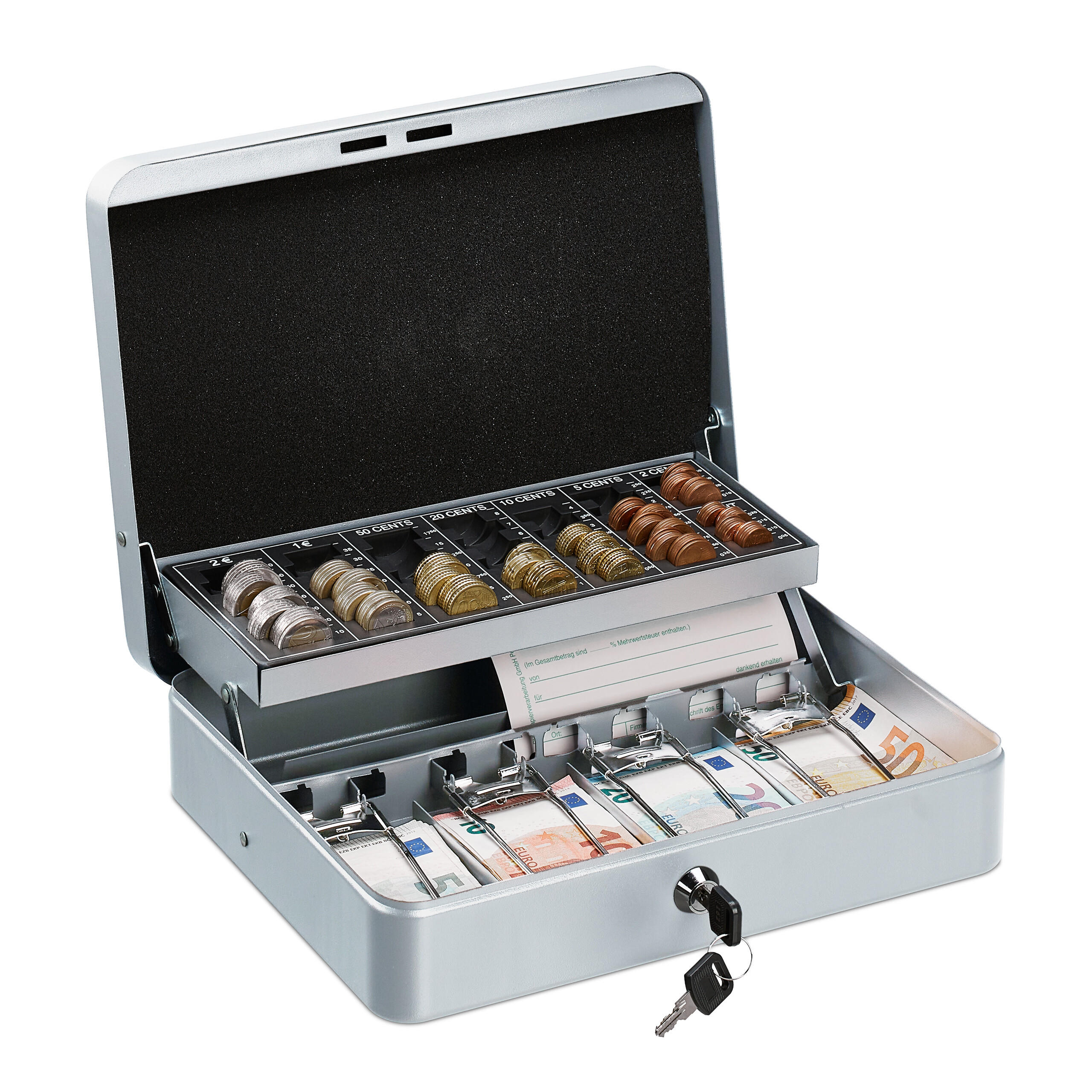 GELDKASSETTE Euro-Münzzählbrett - Silberfarben, Kunststoff/Metall (30.5/8.5/24.5cm) - Relaxdays
