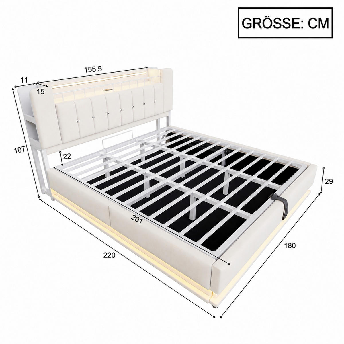 POLSTERBETT 180/200 mit Bettkasten, LED und USB-Anschlüssen in Beige - Beige, Holzwerkstoff/Textil (180/200cm) - EVRYAE