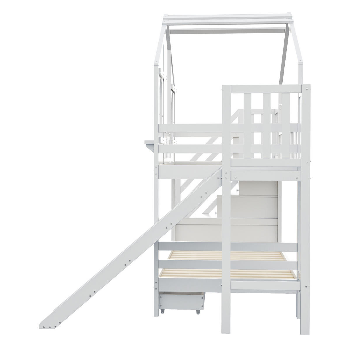 POSCHODOVÁ posteľ 90/200 cm biela s úložným rebríkom, šmykľavkou a zásuvkami z dreva - biela, kompozitné drevo (90/200cm) - OKWISH