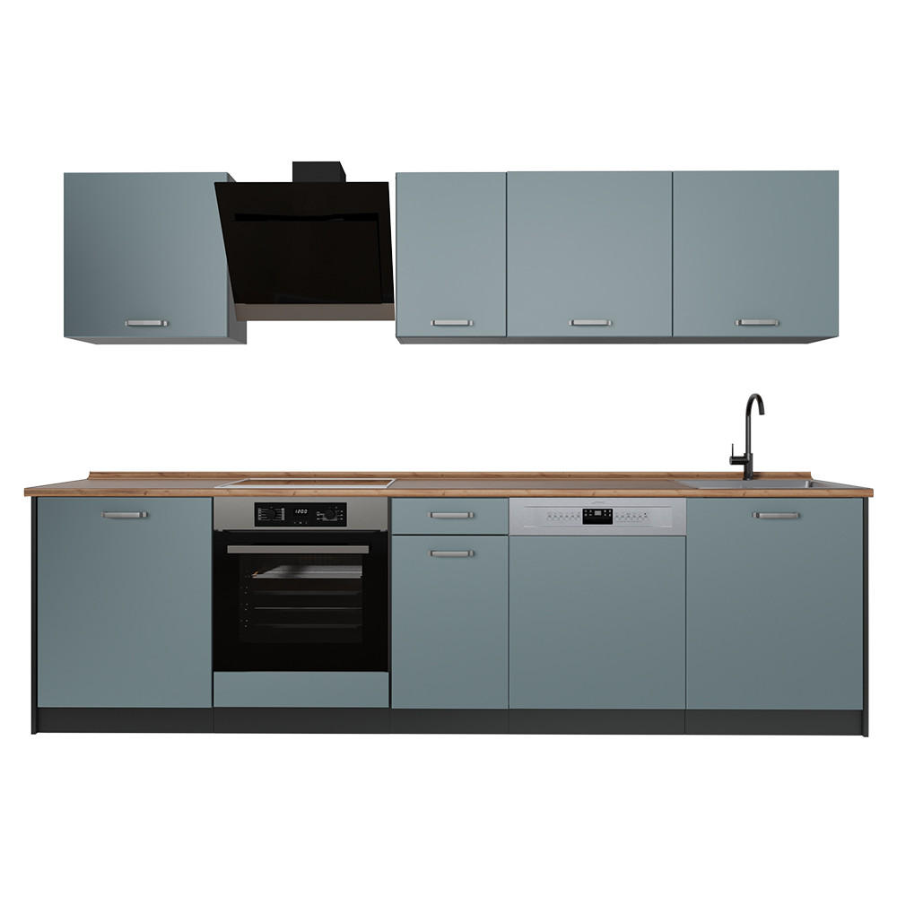 KÜCHENZEILE R-Line, Blau-Grau/Anthrazit, 280 cm Arbeitsplatte Goldkraft Eiche - Anthrazit/Blaugrau, Holzwerkstoff (280/206.8/60cm) - Vicco