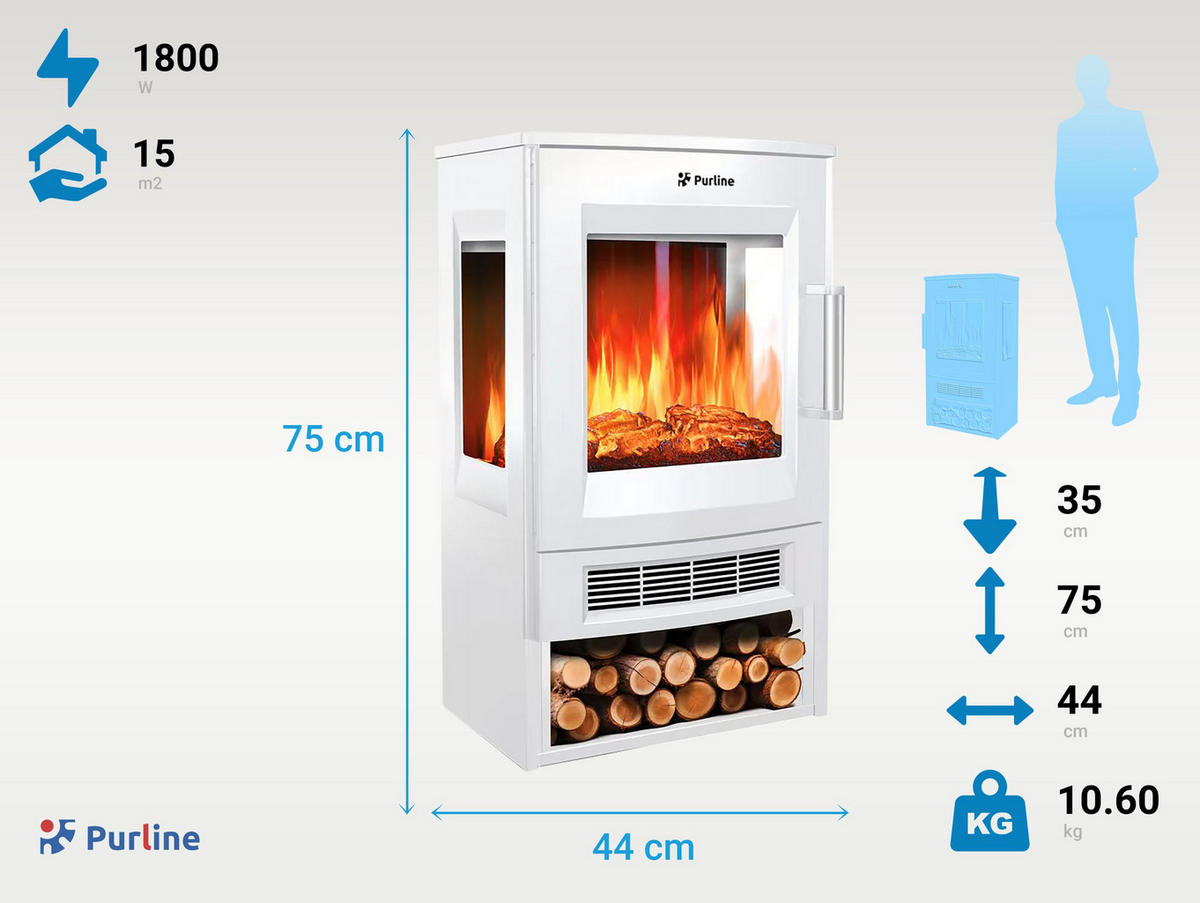 ELEKTROKAMIN Weiß Bodenmodell mit integrierter Heizung 1800 W - Weiß, Glas (44/75/35cm) - Purline