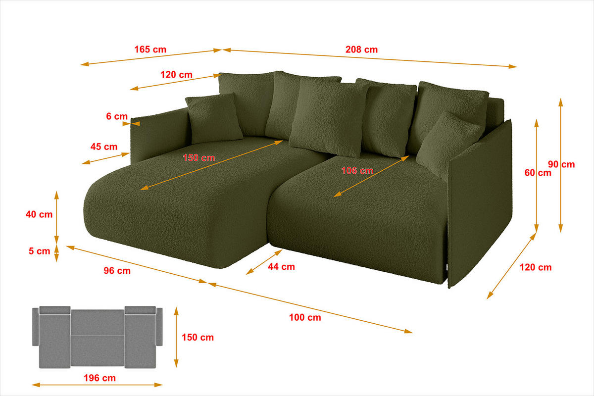 ECKSOFA mit Schlaffunktion und Bettkasten ONESK-L 208x165x40 Grün Bouclé - Grün, Holzwerkstoff/Kunststoff (208/165cm) - ALTDECOR