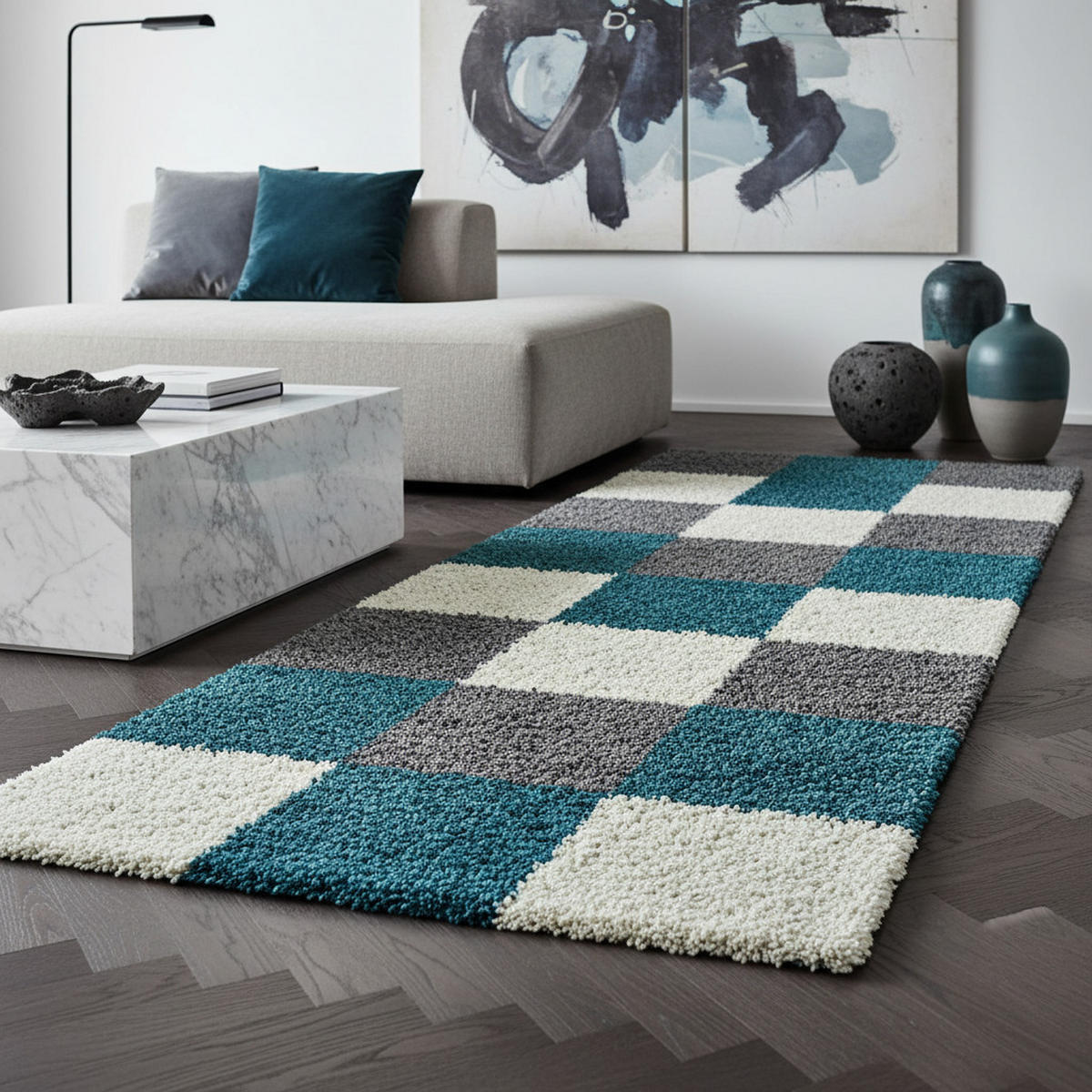 HOCHFLORTEPPICH RHEIN, kariert, Türkis, 80 x 250 cm - Blau, Textil (80/250cm) - KADIMA DESIGN