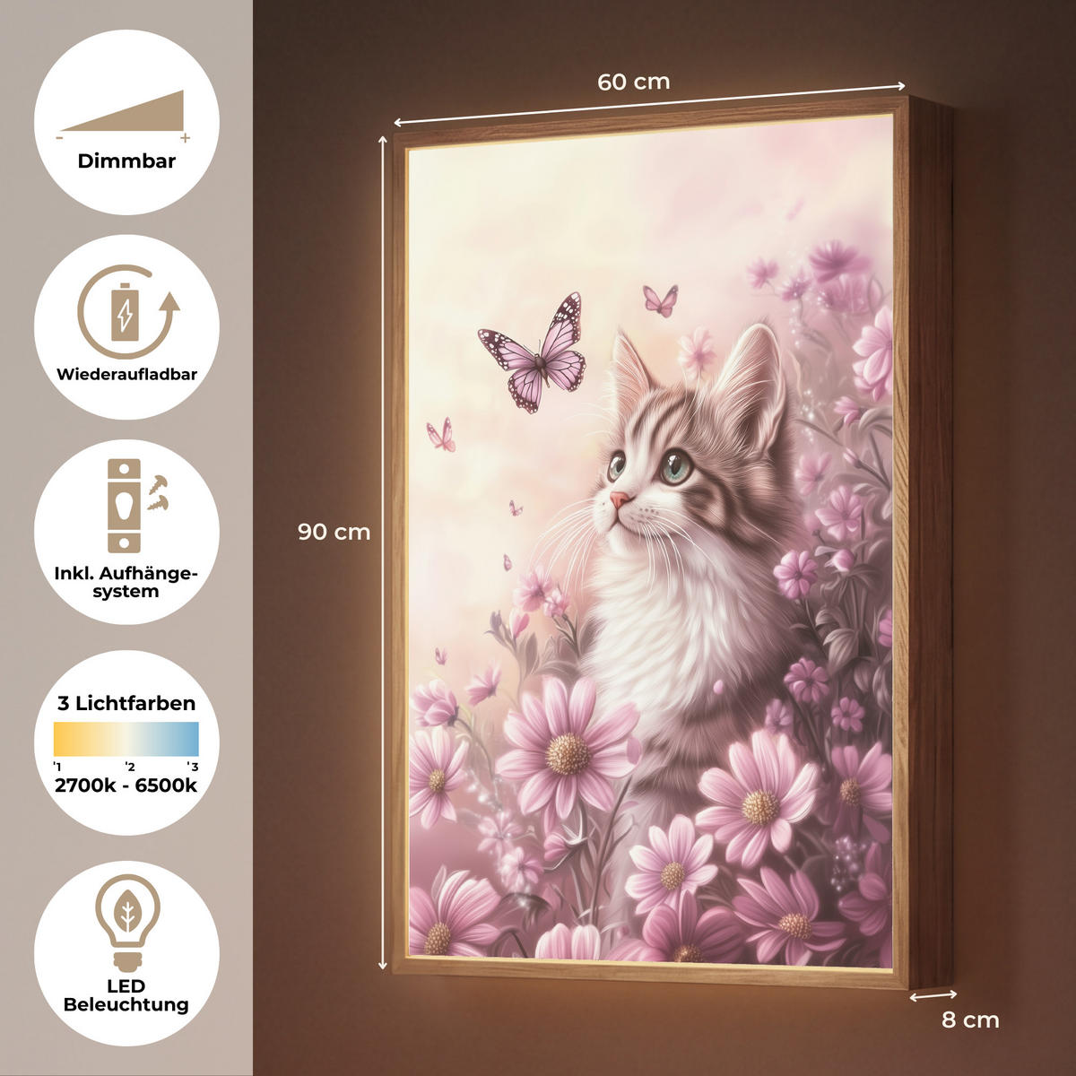 NACHTTISCHLAMPE MIT AKKU Kätzchen - Blumen - Schmetterlinge - Lila 60x90 cm - Altrosa, Holzwerkstoff (8/60/90cm) - OnlyWow