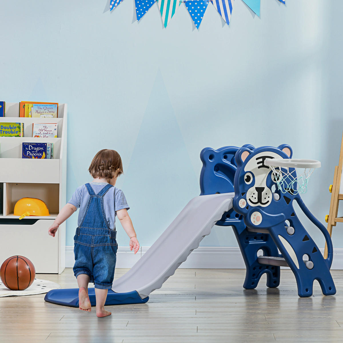 KINDERRUTSCHE DE-17970 3-in-1 mit Basketballkorb & Tigermotiv Blau - Blau, Kunststoff (60/70/133cm) - ComfortXL