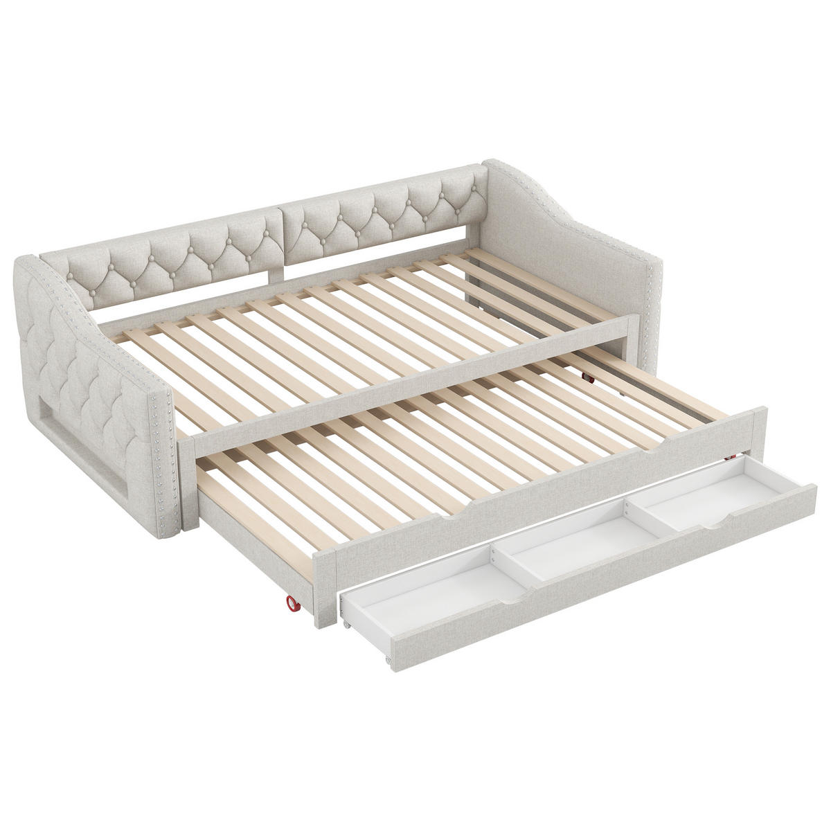 POLSTERBETT 90x200cm, LED, Ausziehbett, 3 Schubladen, gepolstert, Beige - Beige, Textil (90/200cm)