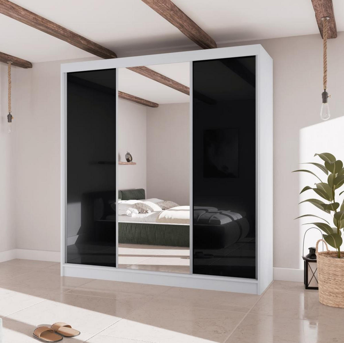 SCHWEBETÜRENSCHRANK Velis II 200/61/215 weiß+schwarz - Schwarz/Weiß, Holzwerkstoff (200/215/61cm) - Beautysofa