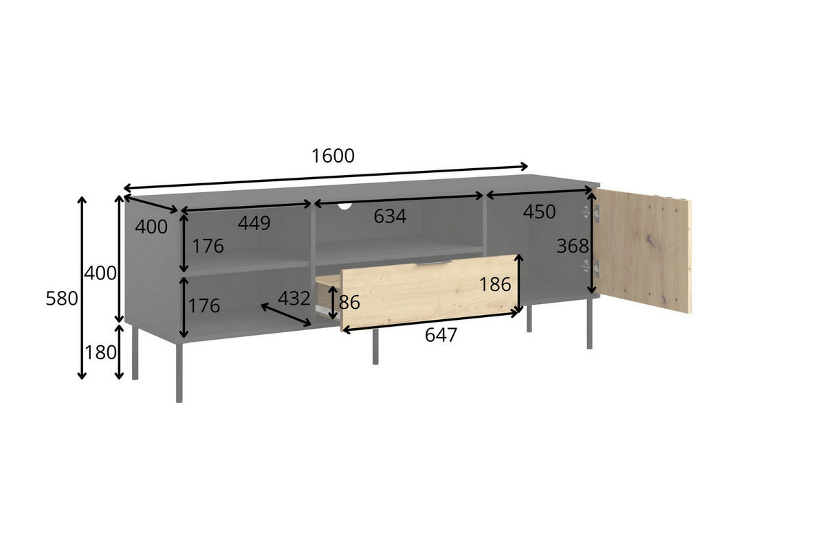 LOWBOARD MERIDIAN 160/58/40 cm, Schwarz - Eichefarben/Schwarz, Holzwerkstoff (160/58/40cm) - MASSENO