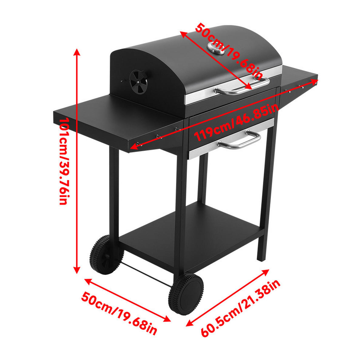HOLZKOHLEGRILL aus Karbonstahl in Schwarz Tragbarer für den Außenbereich mit Seitenablagen 119 cm B × 50 cm T × 101 cm H - Schwarz, Metall (119/50cm) - Livingandhome